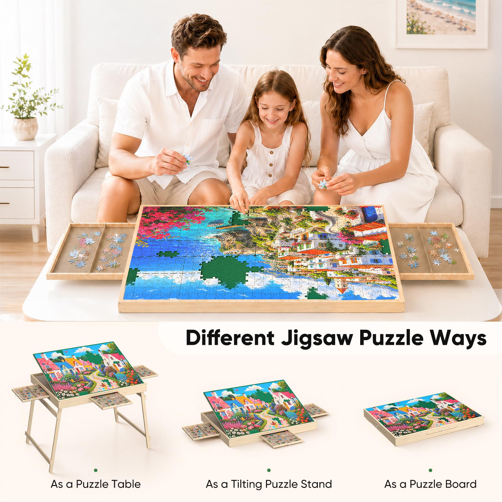 Tavolo Puzzle Portatile con Gambe, 77 x 57cm, in Legno Regolabile con 3 cassetti e Copertura,3 Angoli di inclinazione, Tavolo Puzzle per Adulti（1000 Pezzi ）