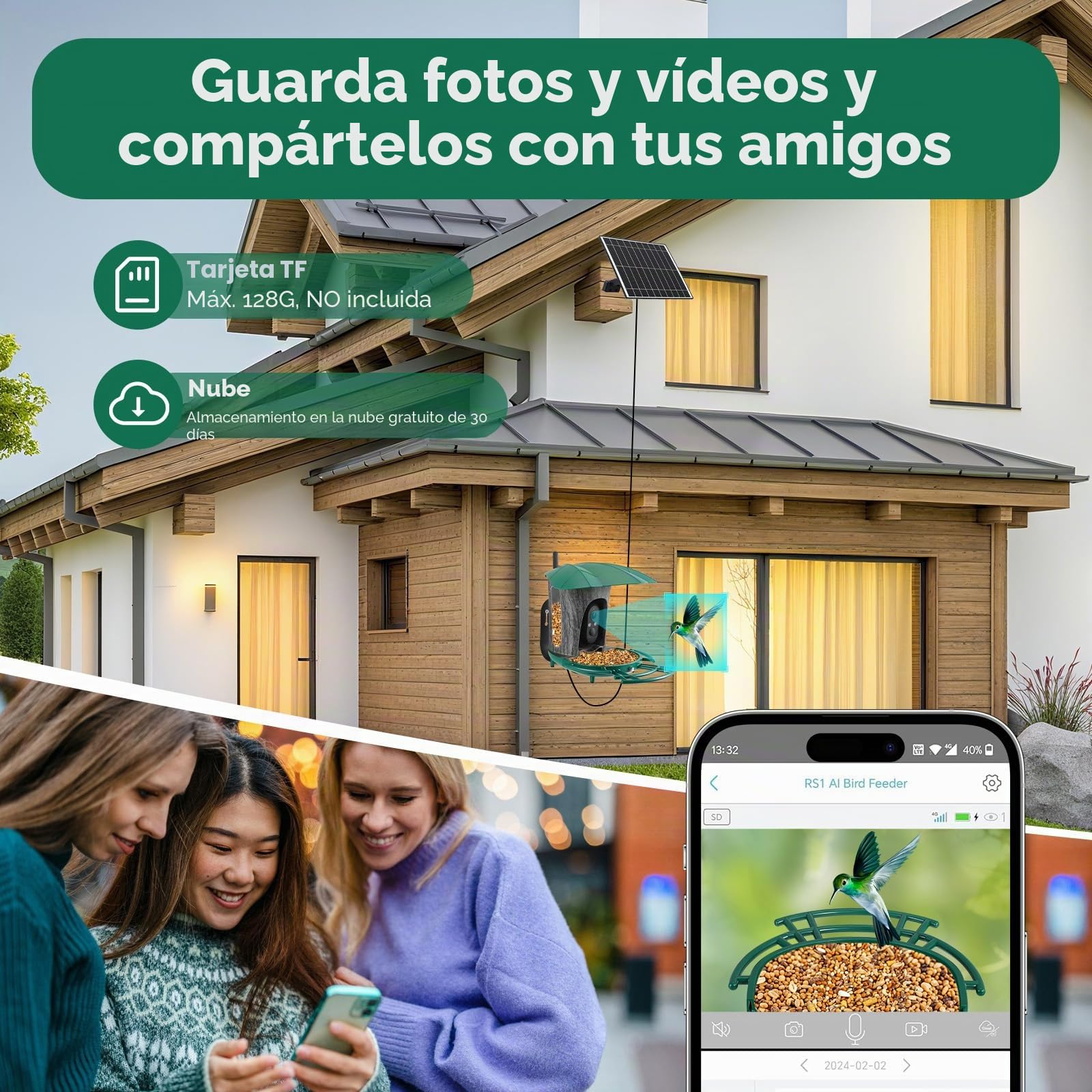 Comedero para pájaros con cámara, caseta solar para pájaros para uso al aire libre, comedero para pájaros 1080P, resistente a la intemperie IP66 (verde oscuro)