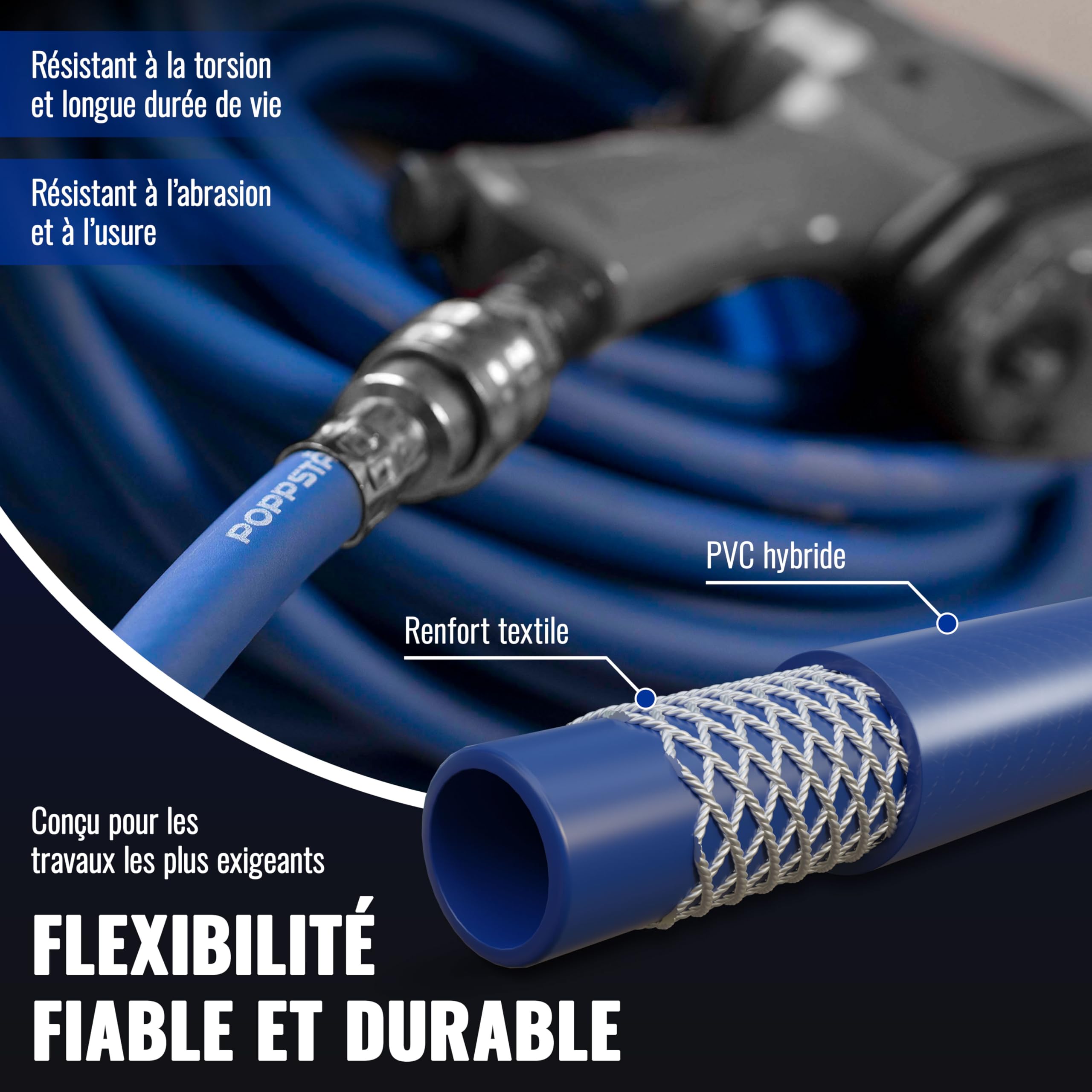 Poppstar Tuyau d'air comprimé de 30 m pour compresseur (en PVC hybride avec garniture, Diametre interieure 9,2mm avec raccord rapide standard), jusqu'à 20 bar, bleu