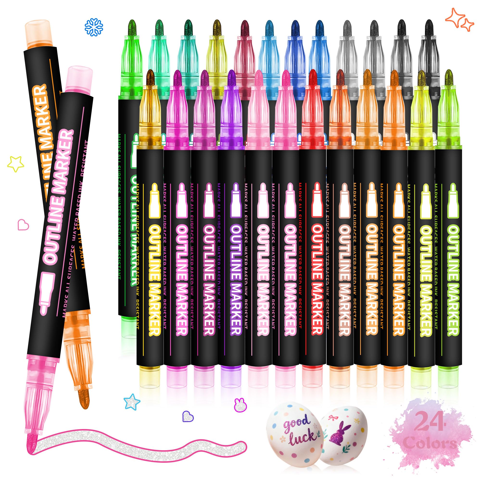 Goodaily Glitter Pens Gel Metallic Marker - 24 Colors Outline Gel Pens for Colouring, Fine Tip Art Marker Pen for 4-13 Year Old Girls Kids Adults - Metallic Paint Marker for Card Making