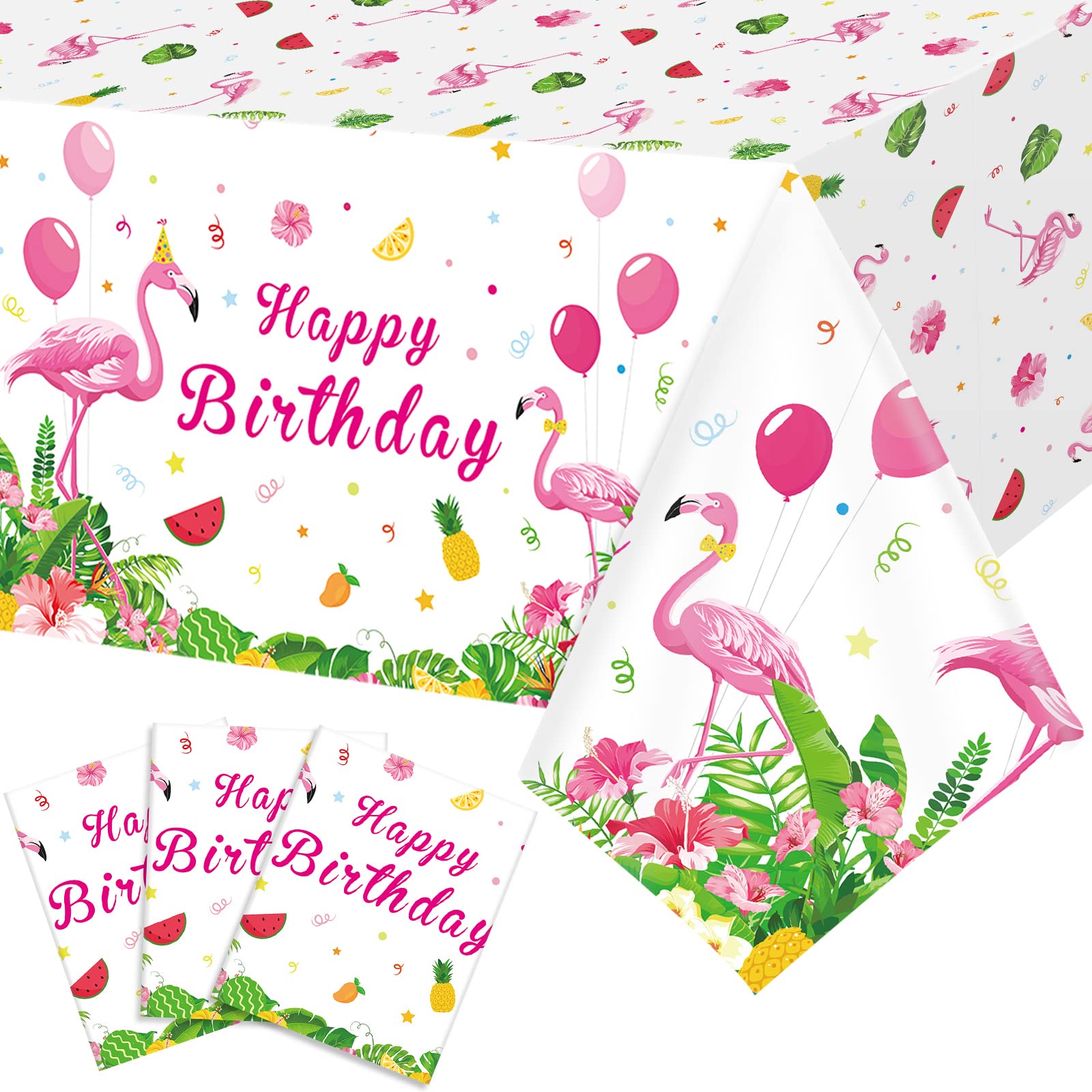 Irenare 3 Pcs Happy Birthday Flamingo Tablecloth Rectangular Luau Party Tablecloth Tropical Plastic Pink Flamingo Table Cover for Flamingo Birthday Party Decorations Summer Picnic Beach, 54 x 108 Inch