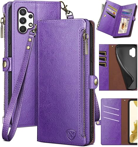 XcaseBar Funda tipo cartera para Samsung Galaxy A32 5G con cremallera y tarjetero de crédito bloqueo RFID, funda de piel sintética con tapa para