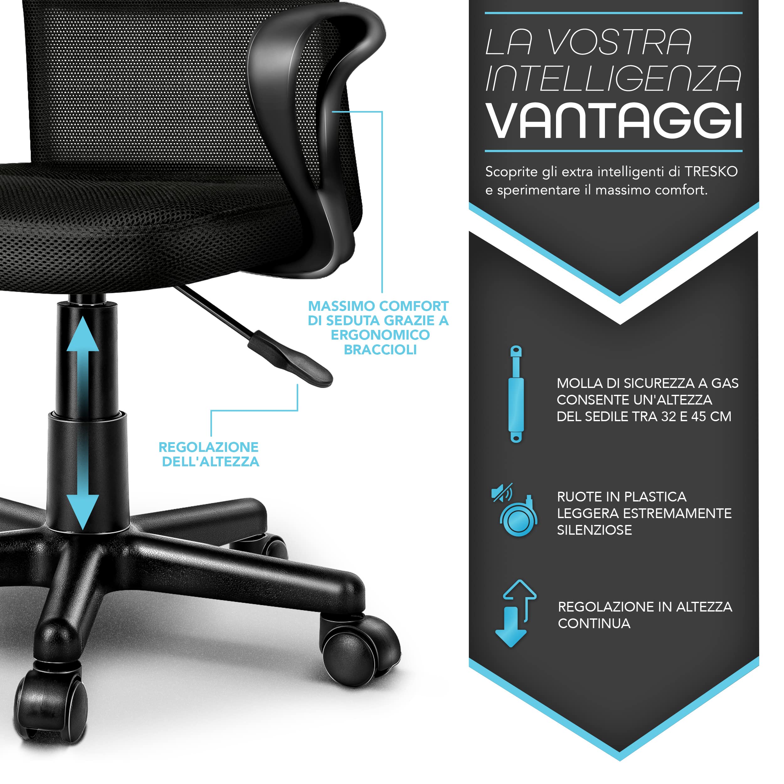 TRESKO® Sedia da Ufficio Sedia da scrivania Girevole con braccioli, Regolabile in Altezza, Sedile Imbottito, Sedia ergonomica, pistone Approvato SGS