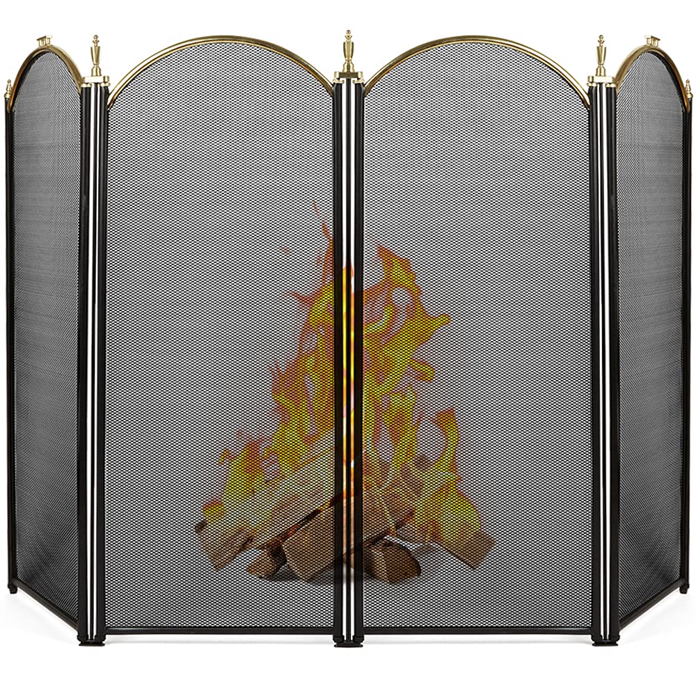 Amagabeli Large Gold Fireplace Screen 4 Panel Ornate Wrought Iron Black