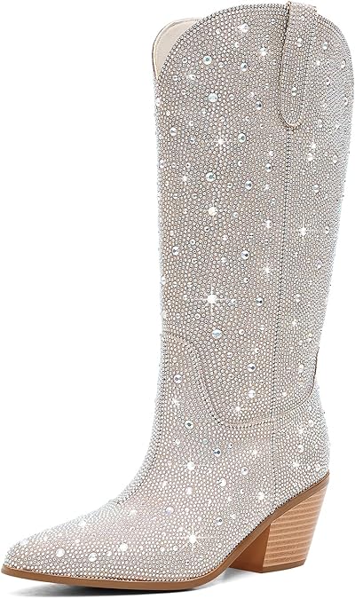 Women Cowboy Boots Cowgirl Rhinestone Mid Calf Western Boots Sparkly Glitter Boots Bling Pointed Toe Chunky Heel Pull On