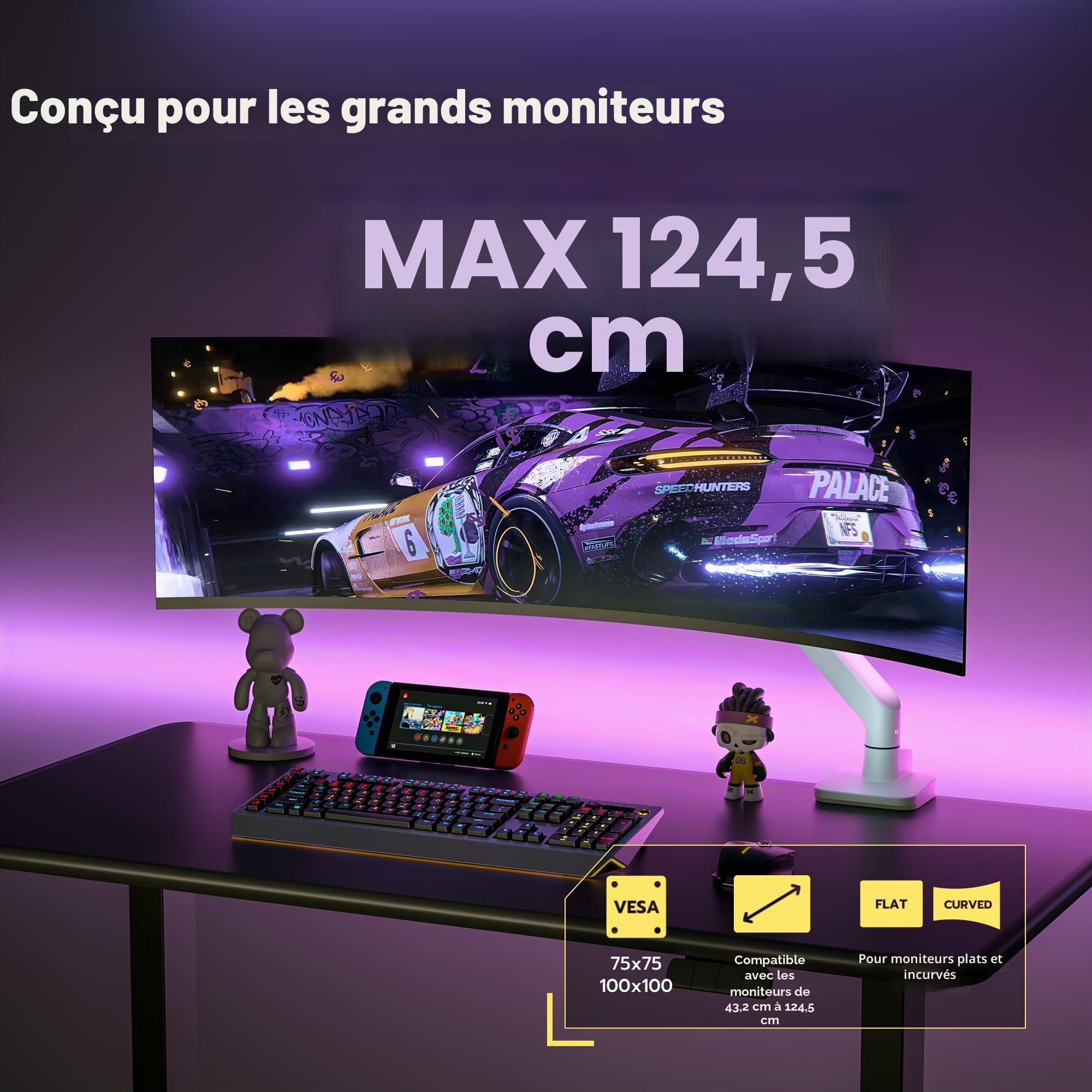 ARES WING Support d'écran pour écrans plats et incurvés de 17-49", bras de moniteur charge max. 20 kg, support de bureau avec ressort à gaz, hauteur réglable, VESA 75/100 mm, blanc