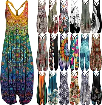 OIOLOYJM Summer Plus Size Boho Overalls for Women 2025 Fashion Jumpsuits Loose Fit Rompers Floral Printed Baggy Harem Pants