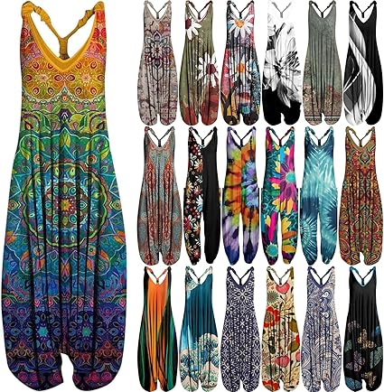 OIOLOYJM Summer Plus Size Boho Overalls for Women 2025 Fashion Jumpsuits Loose Fit Rompers Floral Printed Baggy Harem Pants