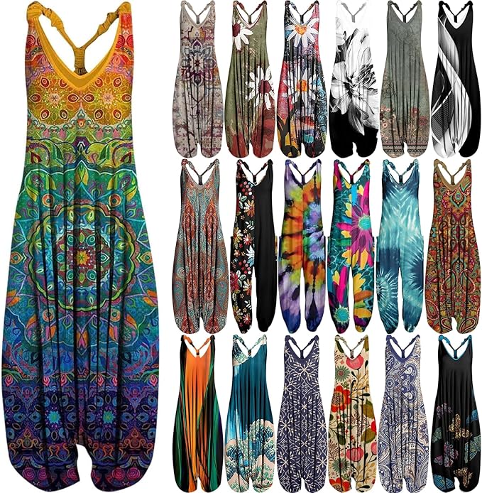 OIOLOYJM Summer Plus Size Boho Overalls for Women 2025 Fashion Jumpsuits Loose Fit Rompers Floral Printed Baggy Harem Pants
