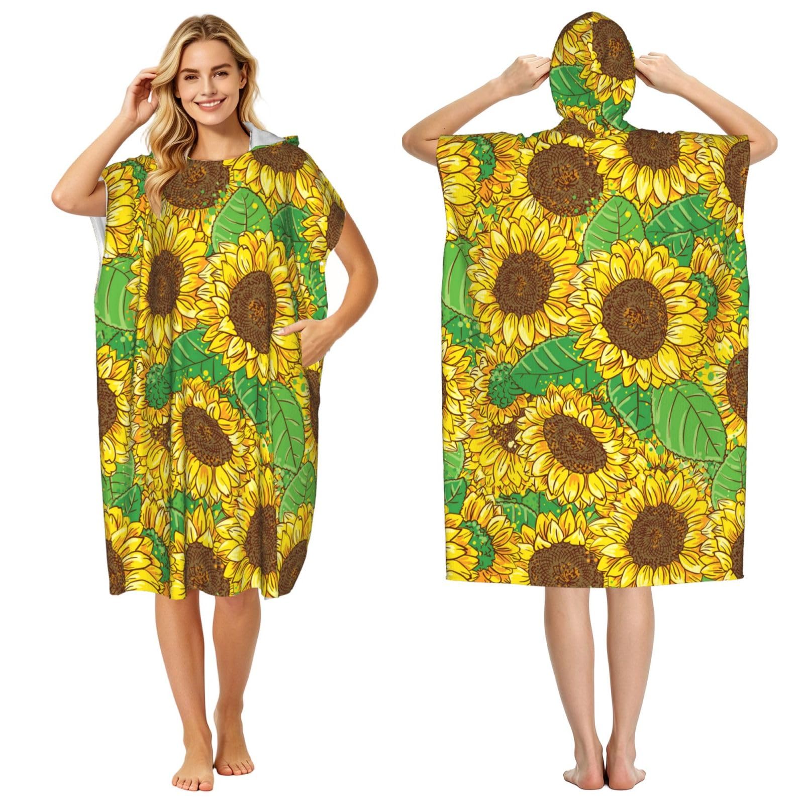 Sunflower, Adult Hooded Beach Towel 90 x 110 cm,Changing Bath Robe, Surf Poncho Towel For Women Men
