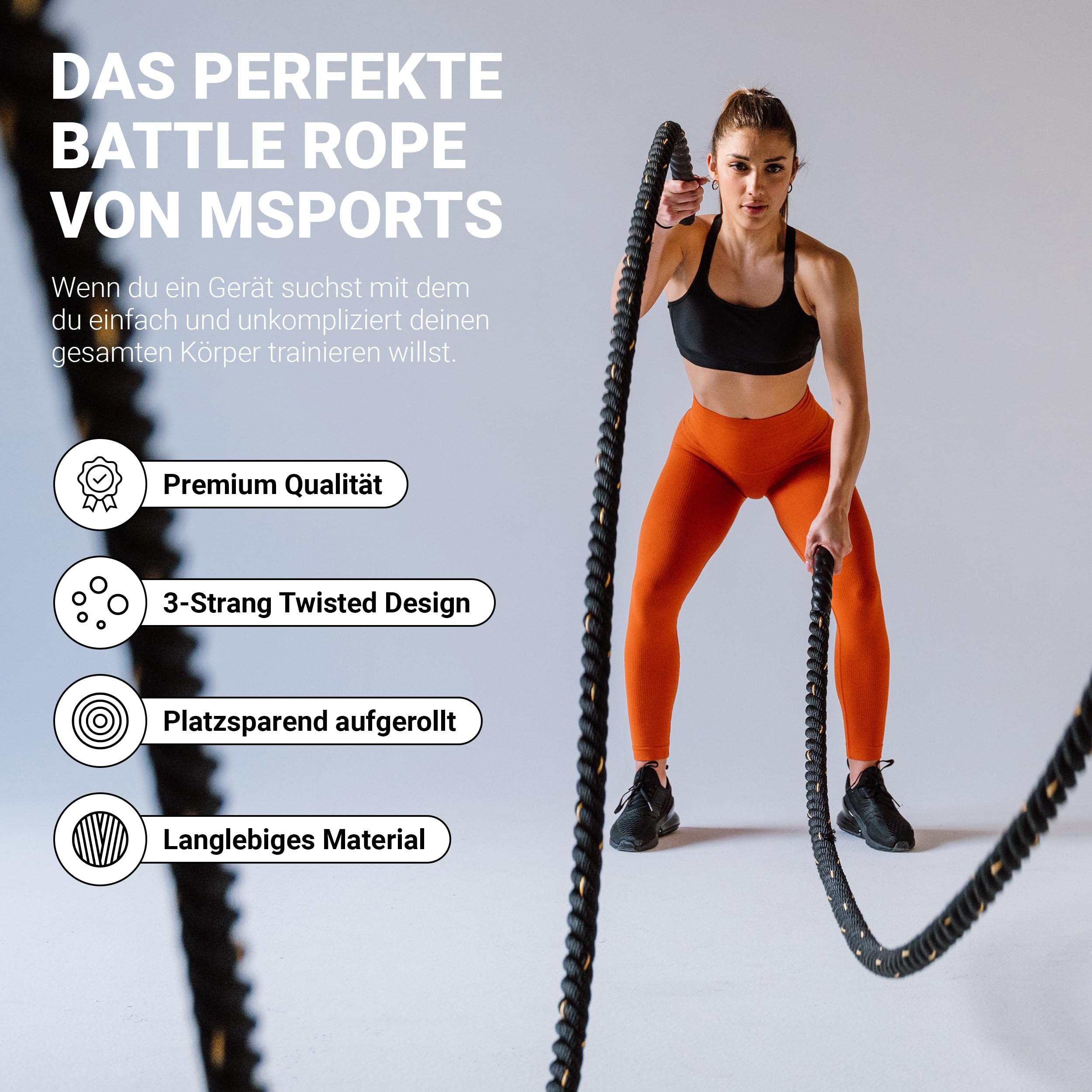 MSPORTS Battle Rope Professional Studio Qualität | Länge: 15 m | Durchmesser: 5 cm | Trainingsseil Sportseil Schlagseil Fitness Tau Schlangenseil Schwungseil