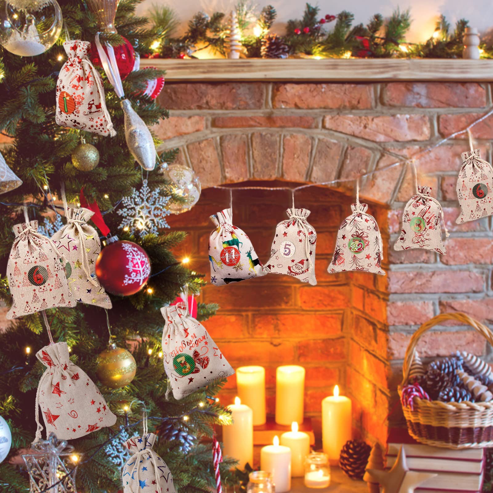 Adventskalender Set, 24 Tage DIY Glitzer-Candy-Geschenkbeutel, Weihnachtsdeko zum Aufhängen, mit nummerierten Beuteln für Süßigkeiten