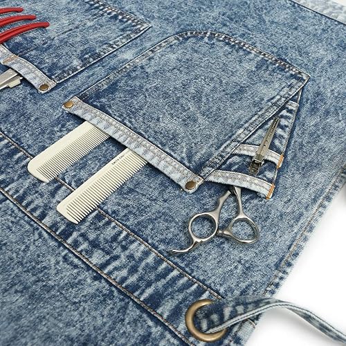 Miniatura 6 de Jeanerlor - Delantales de trabajo de mezclilla con bolsillos para mujeres y hombres, correas cruzadas y ajustables de S a XXXL, Azul mezclilla
