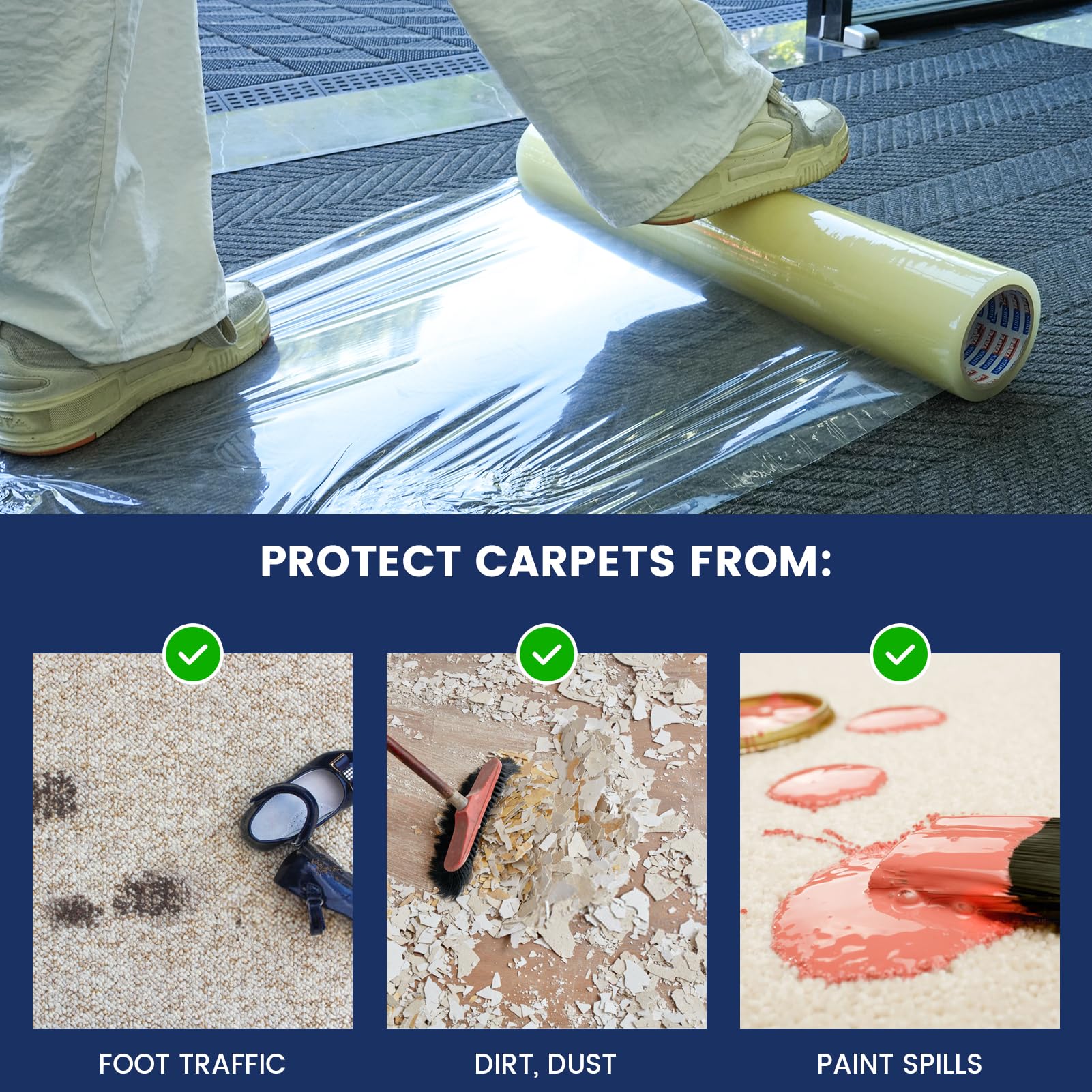 Adhes Film De Protection Pour Moquette 60 CM X 61 M Transparent Protecteur De Tapis Autocollant, Film De Surface ImperméAble Sans RéSidus Pour La Remodelation, La Peinture, La Construction