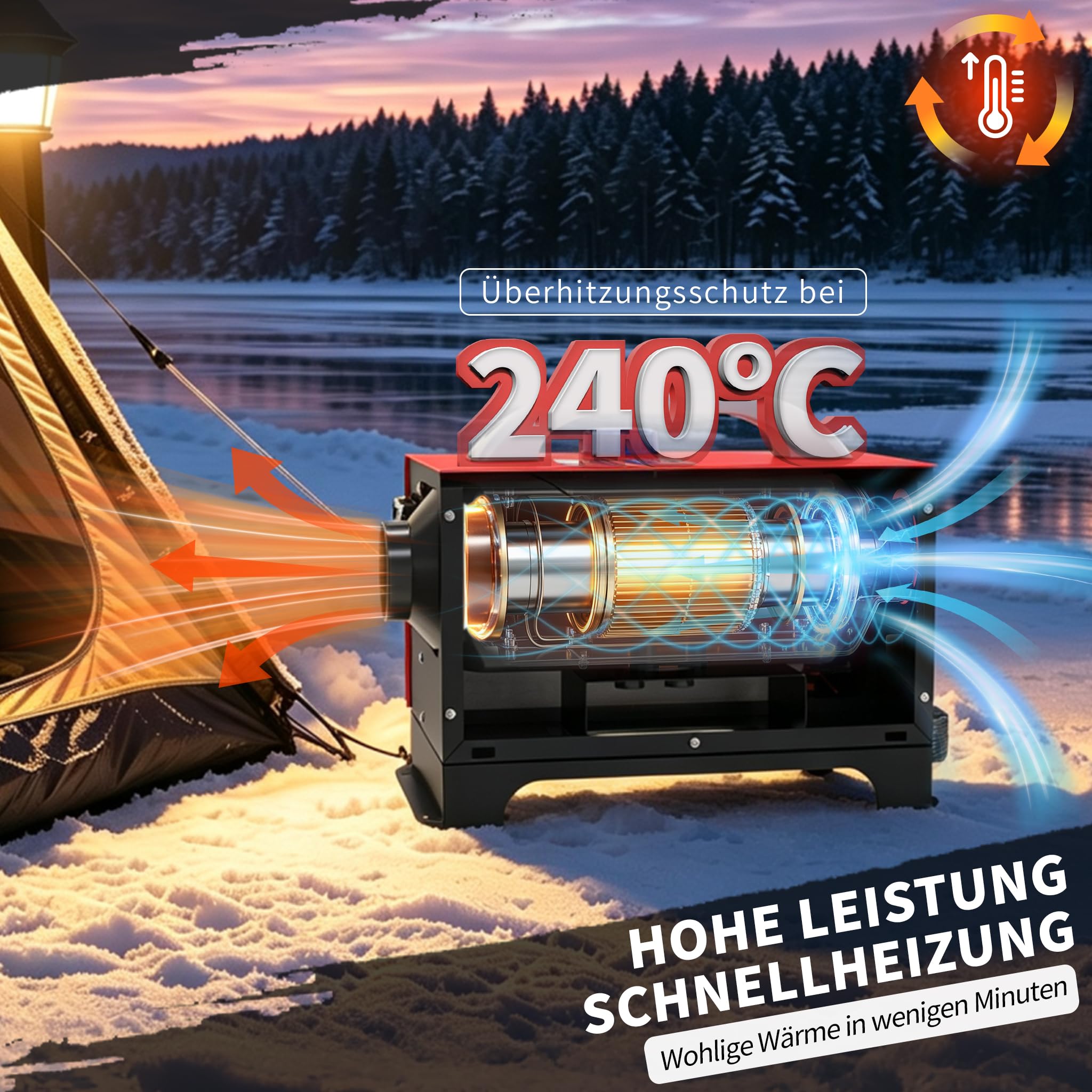 Dieselheizung 8kW liegend, Lüfterheizer 12V 5L, LCD schwarz, Schwarz/Rot