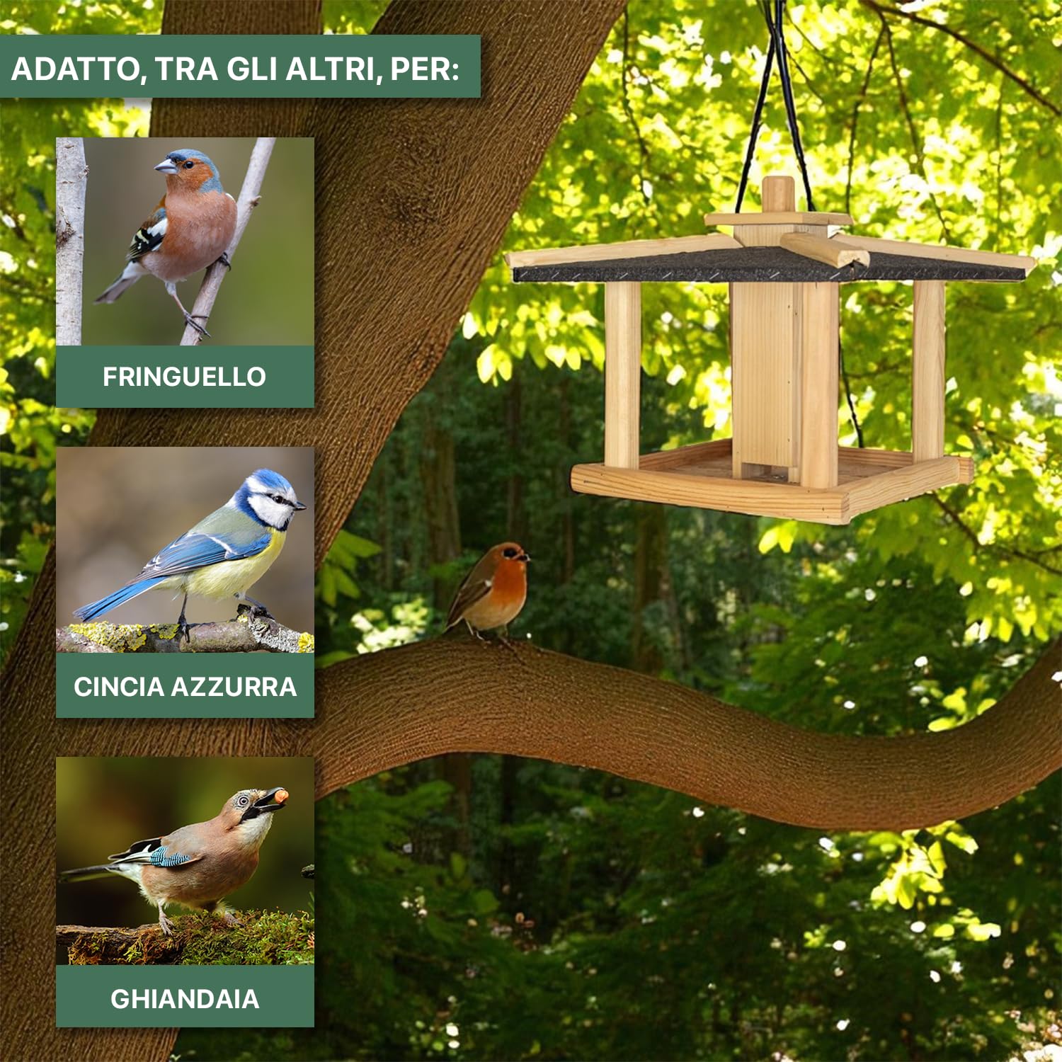 ITA Casa per Uccelli Selvatici 43x43x35 cm in Legno - Casetta per Uccelli - Distributore di Cibo per Uccelli Selvatici - Resistente alle Intemperie, Stabile, Robusta