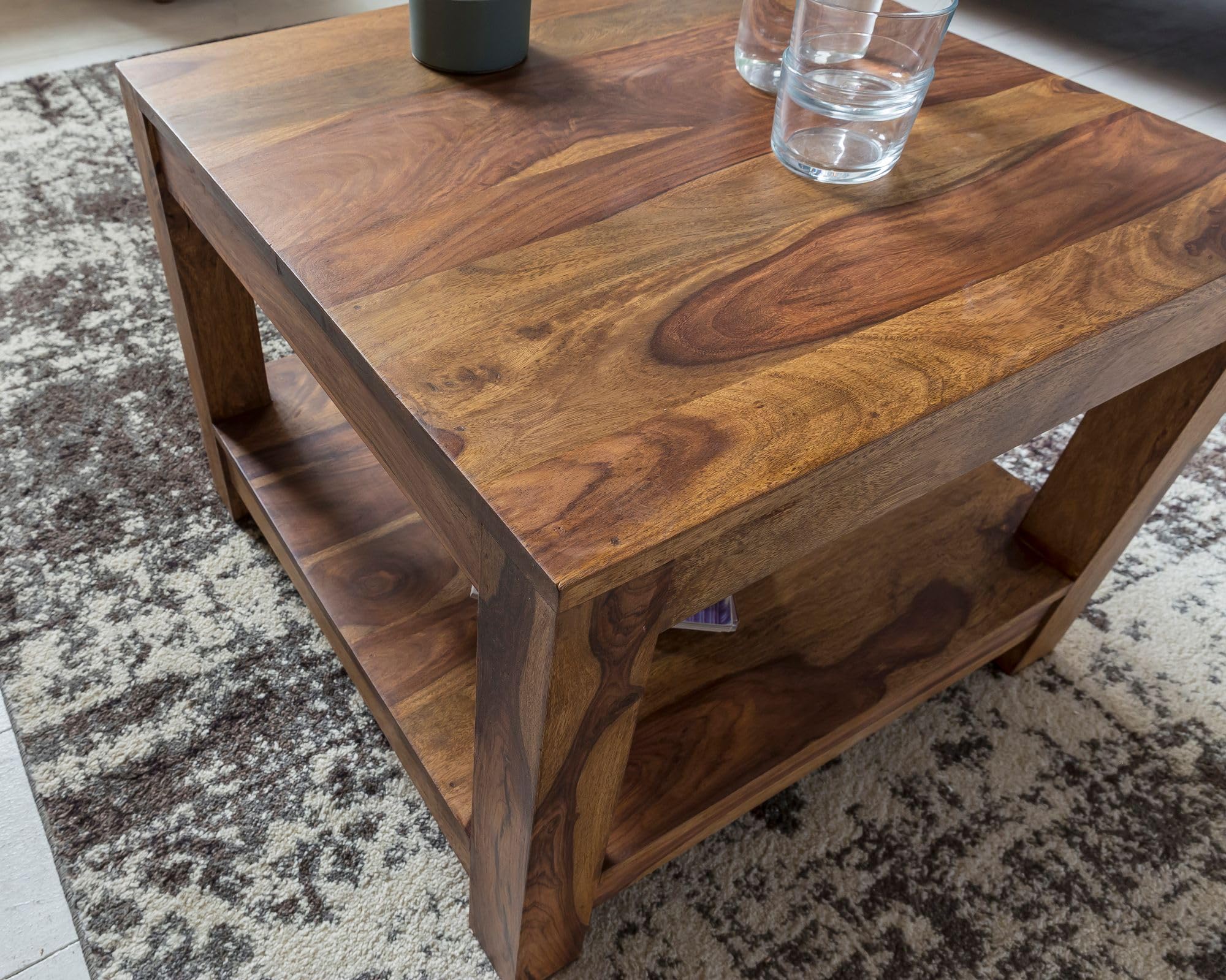 FineBuy Tavolino da caffè Legno Massello Sheesham 60x45x60 cm Disegno Tavolo | Tavolo da salotto con vano portaoggetti Piazza | Divano tavolo