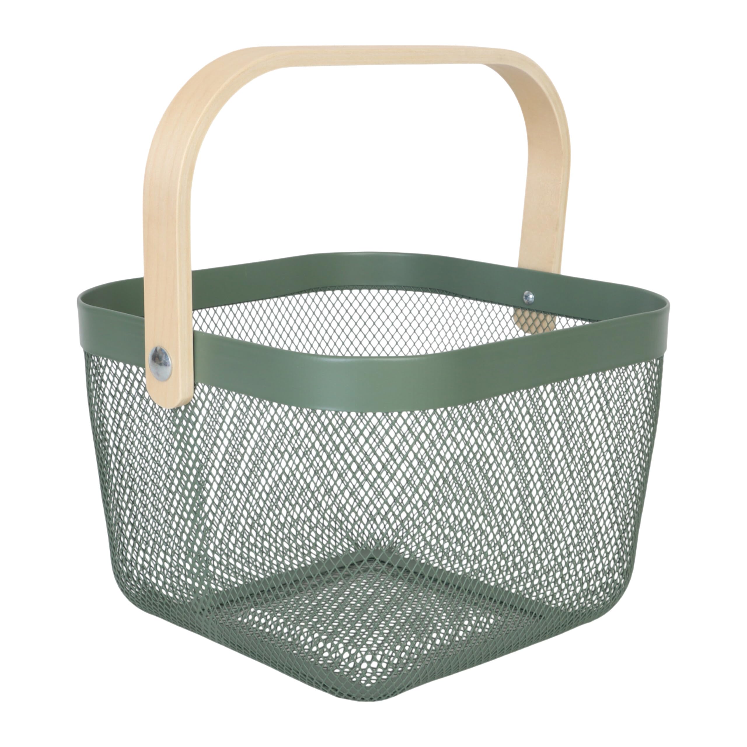 Relaxdays Storage Basket with Handle, Steel & Wood, Upholstery and Utensil Organizer, 17.5 x 26 x 24.5 cm