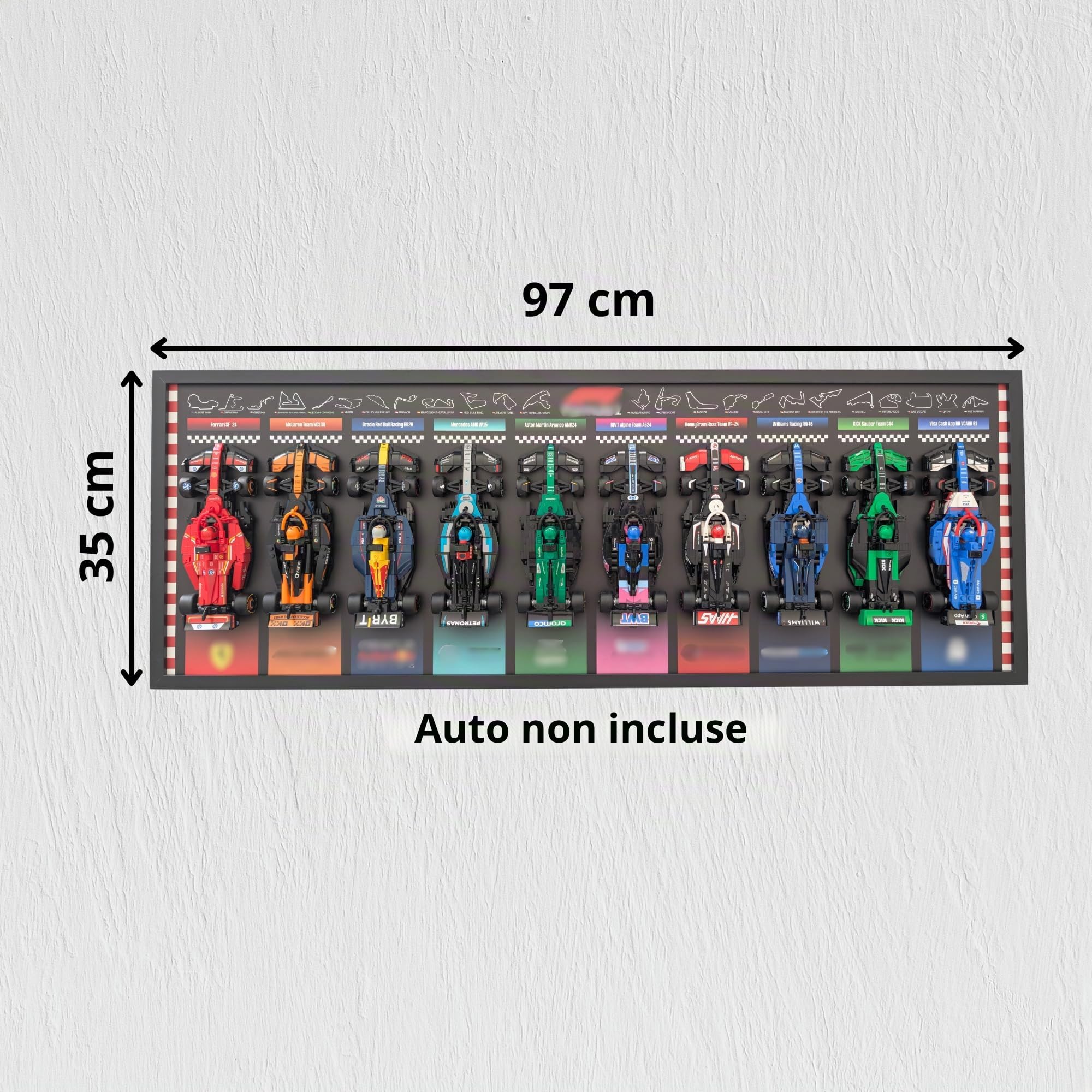 Cornice da parete 97 x 35 cm per collezione LEGO Speed Champions F1 – Cornice in legno premium + plexiglass – Supporto Forex 3 mm – Decorazione da parete – Auto non incluse