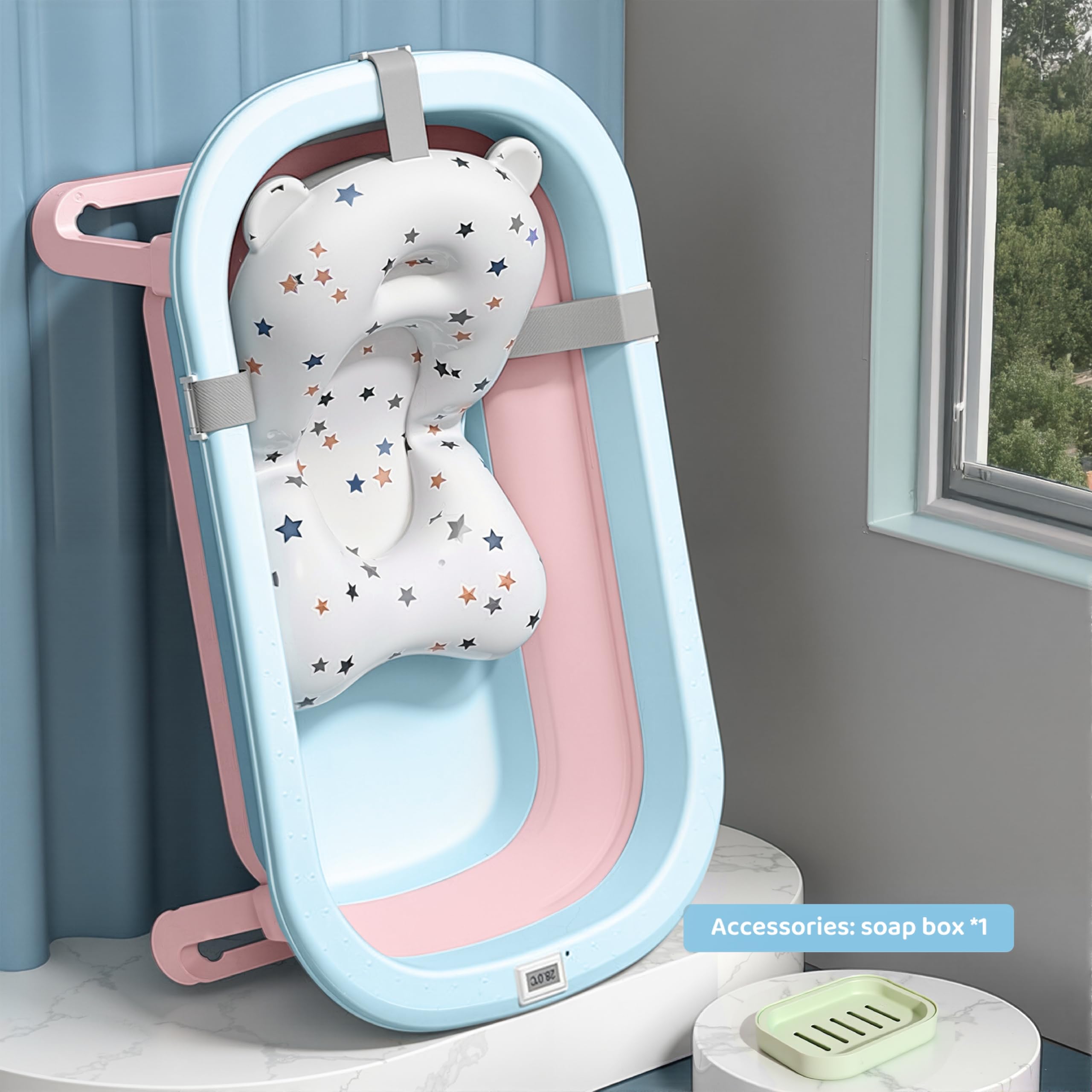 Cockatoo-Kids DripDrop Foldable Baby Bath Tub with Thermistor, Pillow & Soap Box – Portable Newborn to 6 Years Tub, Non-Toxic PP, Anti-Slip Base, 40kg Capacity – Travel & Home Use, Blue & Pink - Image 8 thumbnail
