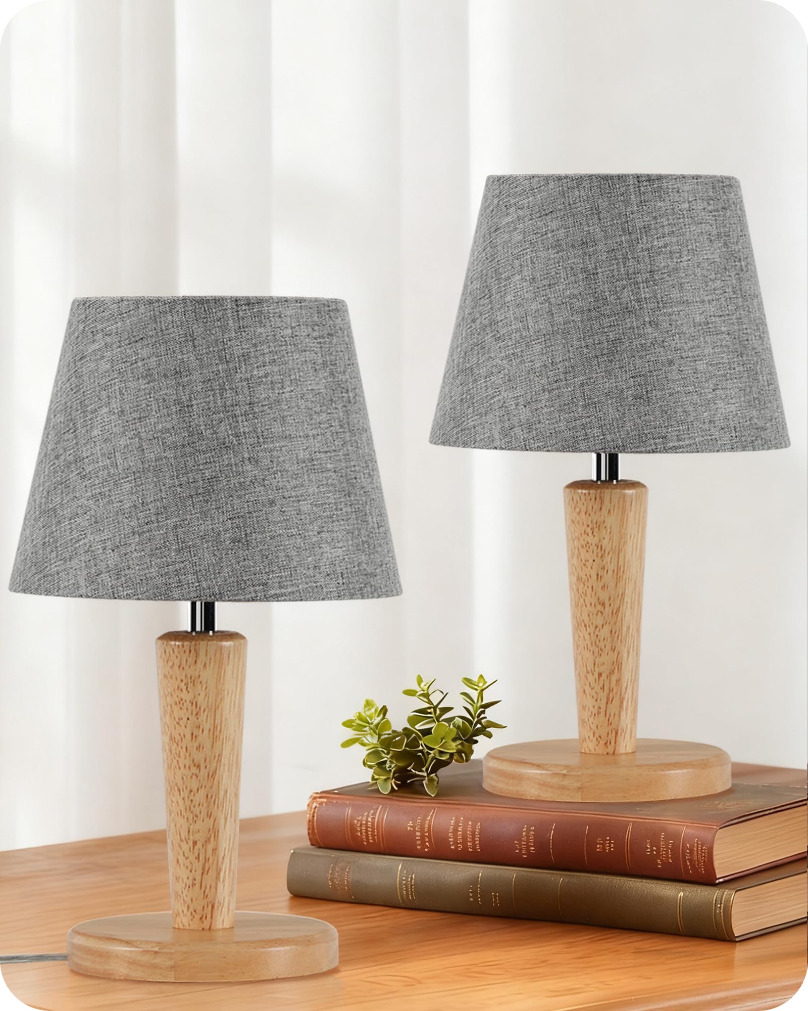 GOEBLESON Small Bedside Lamps Set of 2, Wood Bedside Table Lamp with Grey Linen Shade, 3 Color Temps, E27 LED Bulb Included, Cute Little Desk Lamp for Bedroom, Living Room, Window Sill ZMH13TLKP205 — image 1