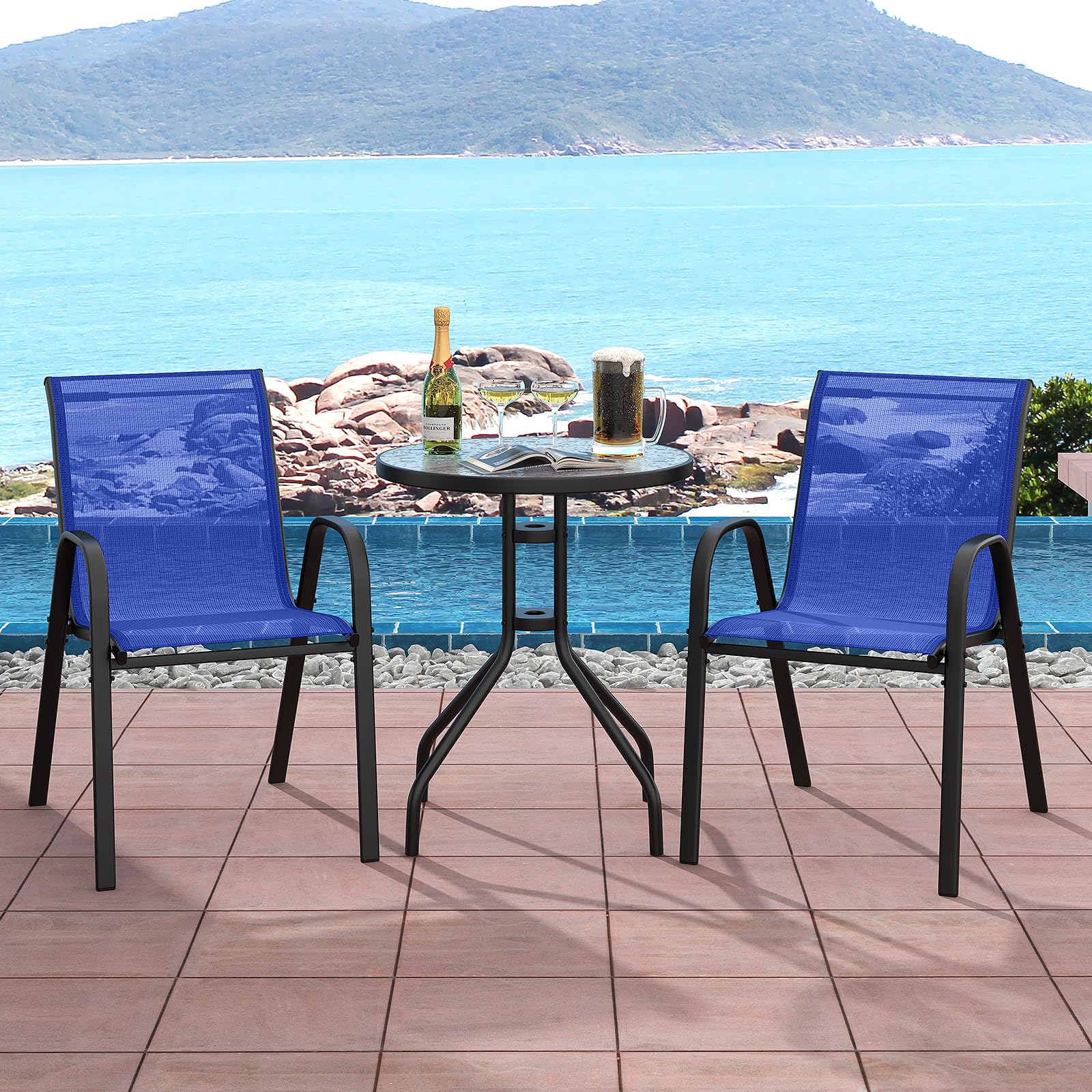COSTWAY Set Mobili da Giardino 3 Pezzi, con Tavolo Rotondo in Vetro Temperato e 2 Sedie in Textilene Traspirante, per Esterno Balcone Giardino (Blu)