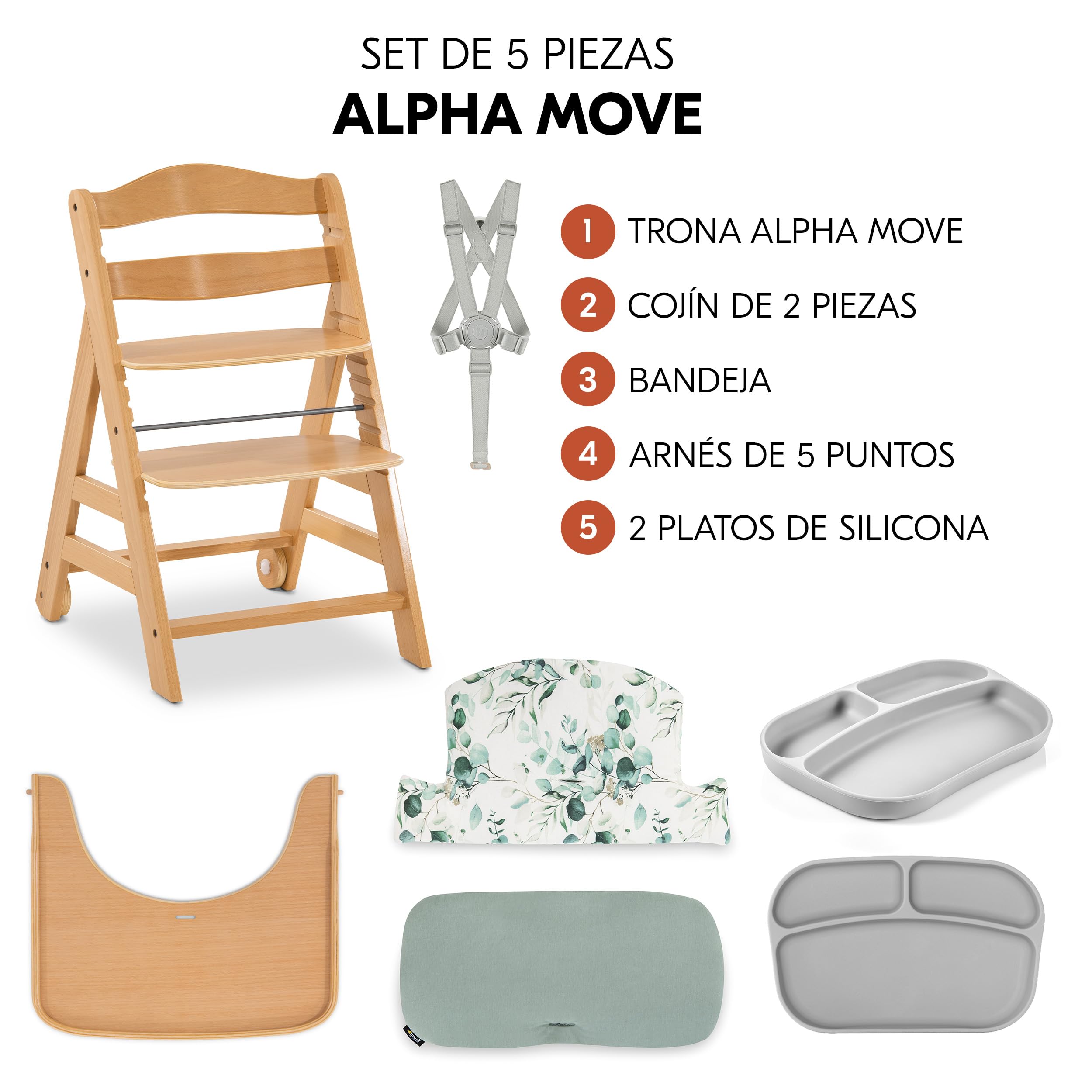 hauck Alpha Plus Move Set de Tronas de Bebe de Madera con Bandeja - Cojín y 2 Platos de Silicona - Silla Evolutiva con Ruedas - Natur/Leaves Mint