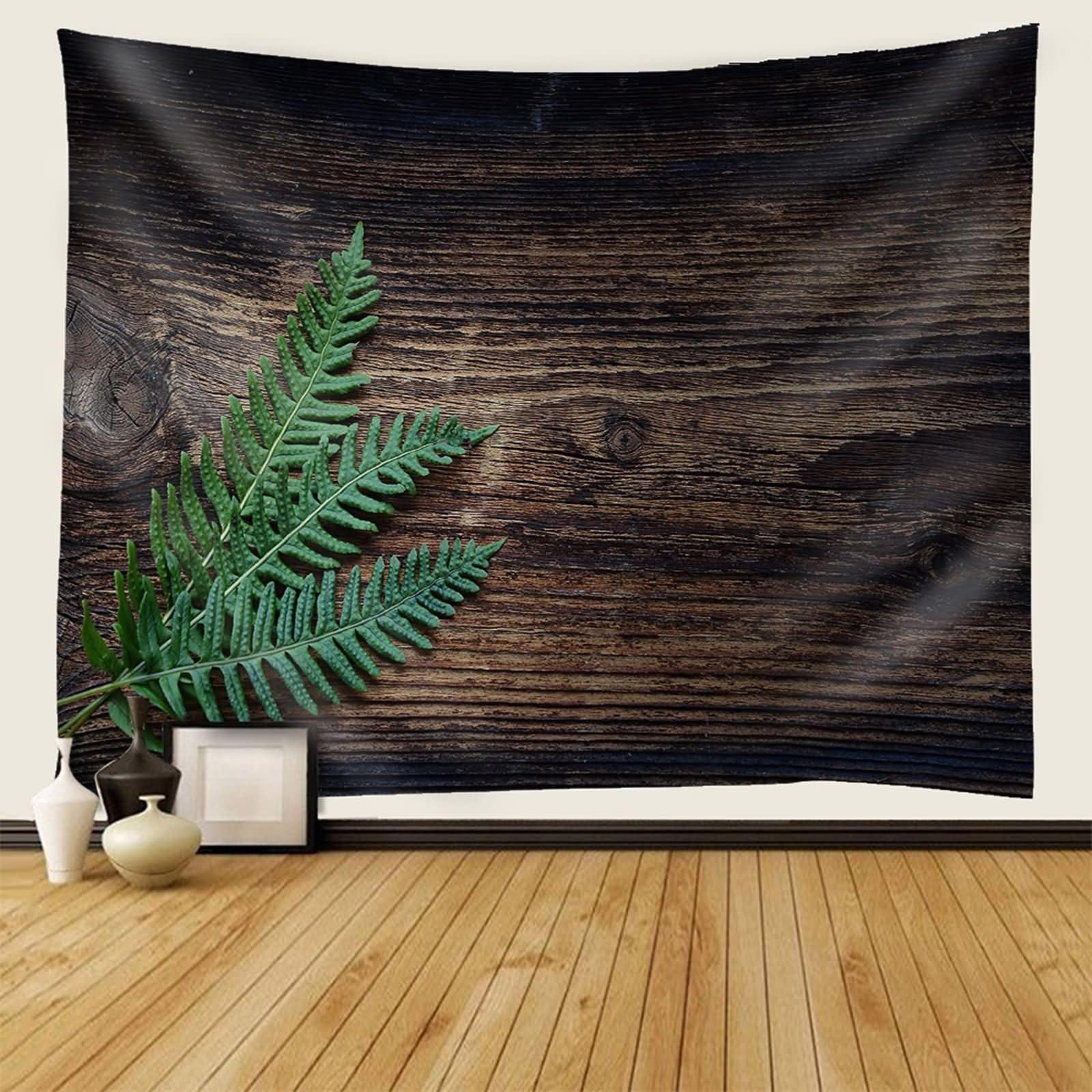 Homxi Wandteppich Modern Schlafzimmer 260 W x 240 H CM, Holzbrett und Blätter, Wandteppiche Wand Tuch Polyester, Braun Grün