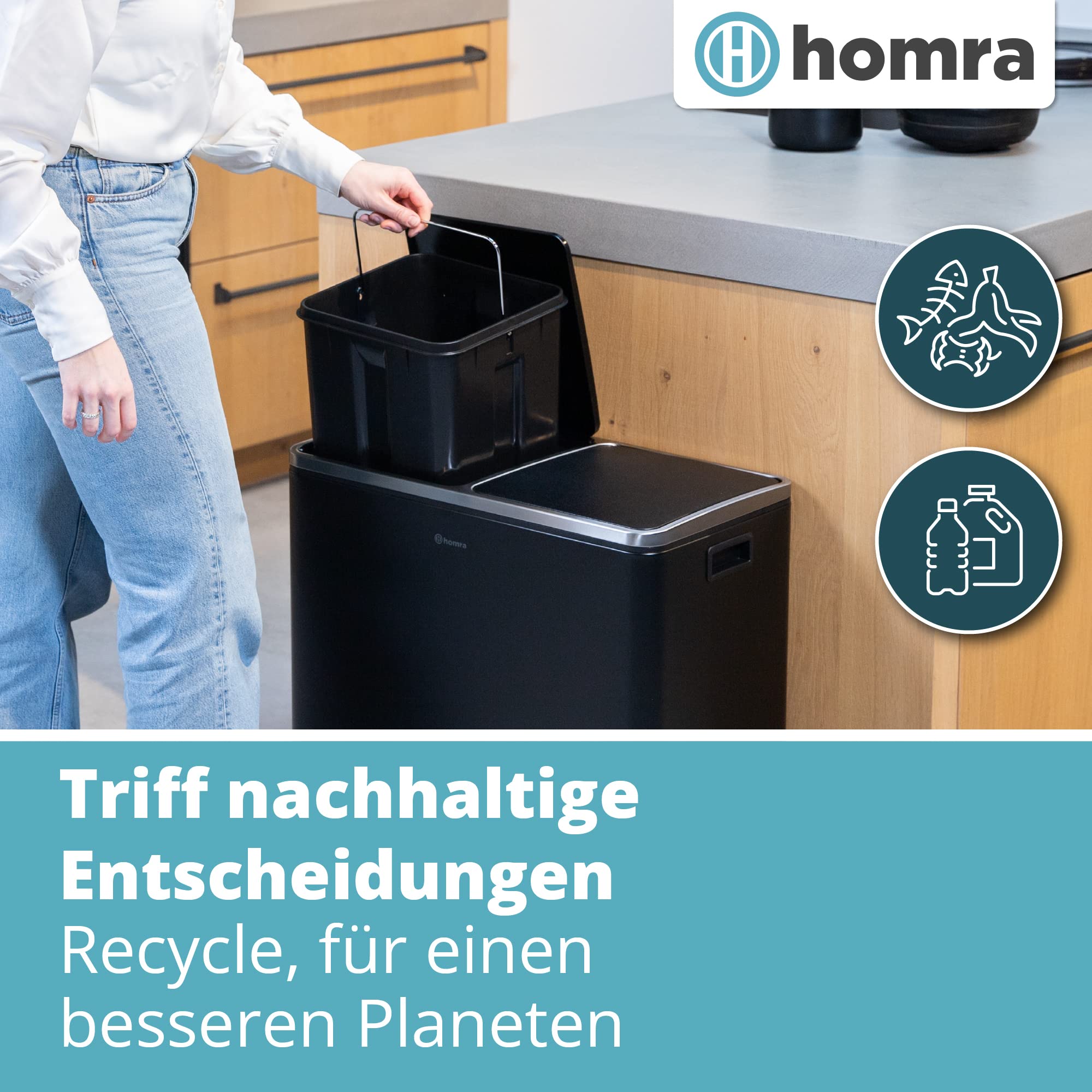 Homra Mülleimer 60l Quickx | Tretmülleimer Küche 2x30 Liter | Treteimer aus Edelstahl | Abfalleimer mit Inneneimern | Trennsystem 2 Fach | Mülltrennsystem | Papierkorb | Softclose | Schwarz