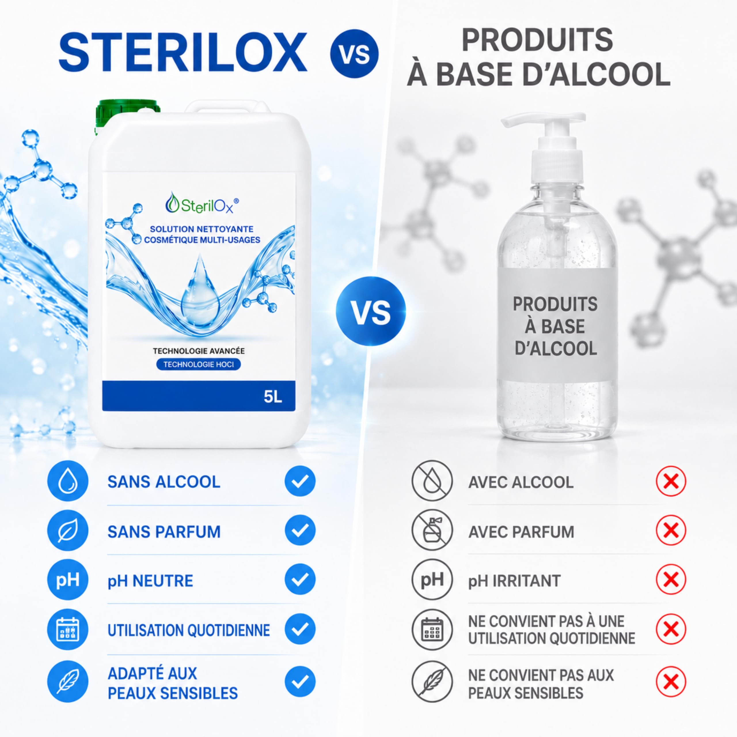 5 L – Solution hygiénique universelle à base d’acide hypochloreux (HOCl), sans alcool ni parfum, pour usage domestique et professionnel