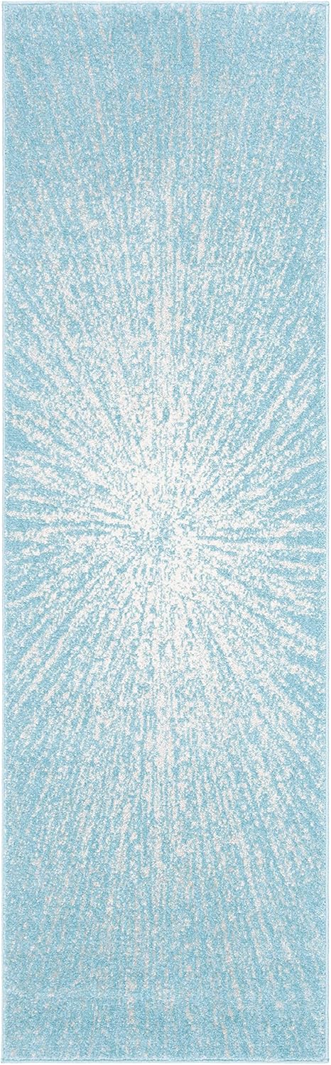 Ivory and Aqua Easy-Care Synthetic Runner Rug, 2'2" x 9'