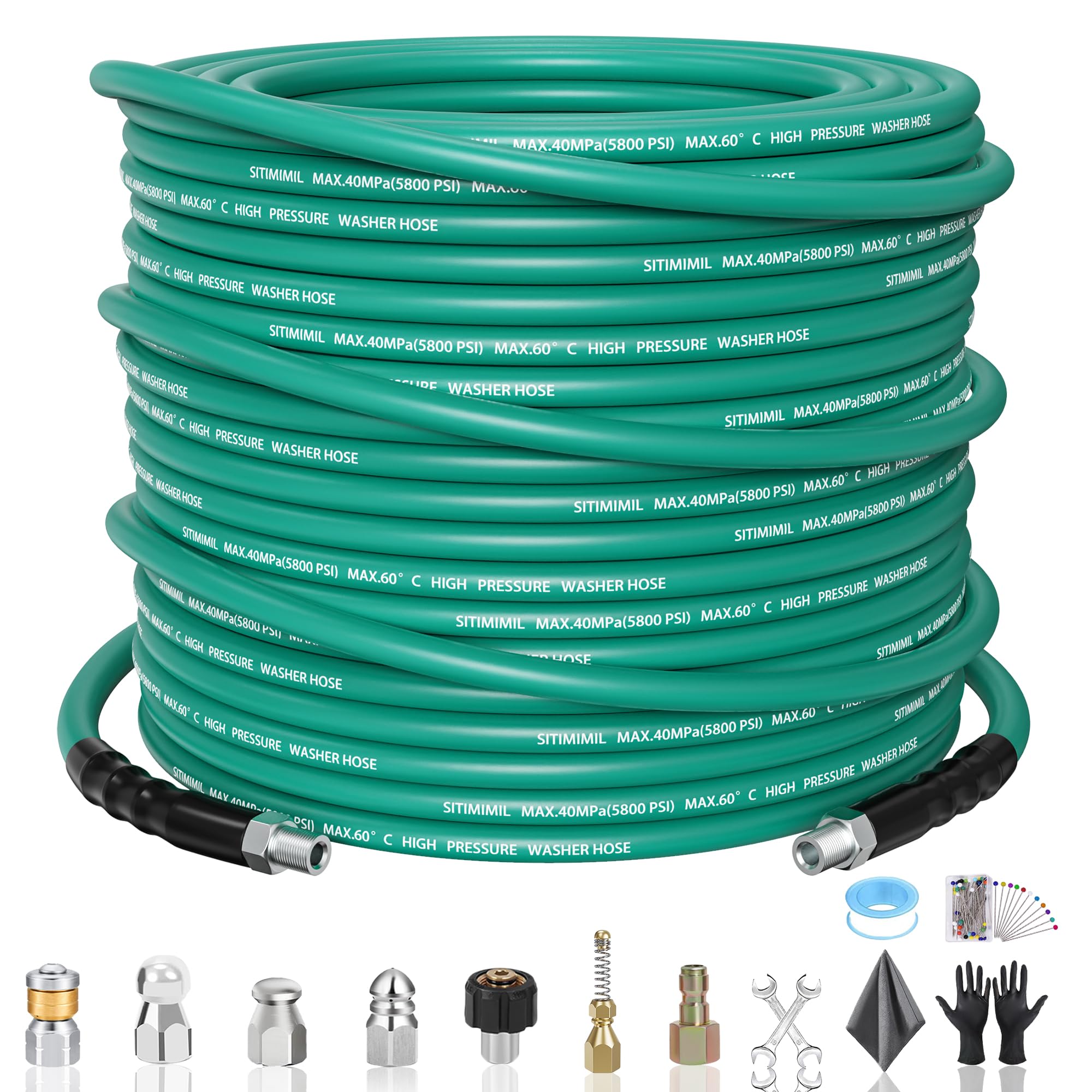 100FT Sewer Jetter Kit for Pressure Washer,1/4‘’NPT Drain Cleaner Hose 5800PSI, With Adapter Corner Rotating Button Nose Sewer Jetting Nozzles Kit Pearl Corsage Pin Spanner Waterproof Tape