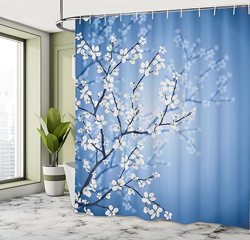 Miniatura 4 de Ambesonne Cortina de ducha japonesa, temporada de primavera, diseño romántico de flor de cerezo en ramas borrosas, juego de decoración de baño de