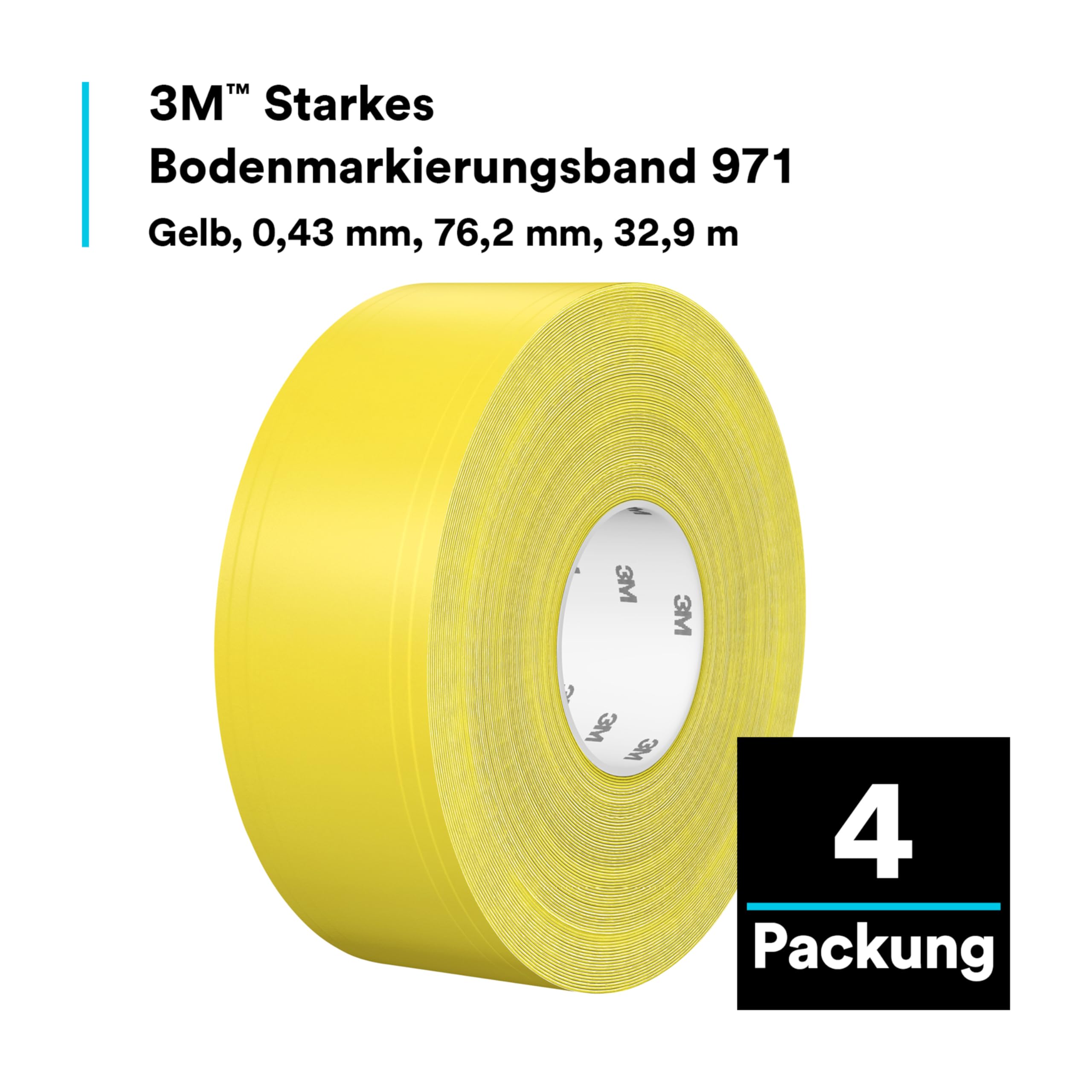 3M Langlebiges Bodenmarkierungsband 971, Gelb, 76.2 mm x 32.9 m, 0.43 mm, Einzeln verpackt zur bequemen Entnahme