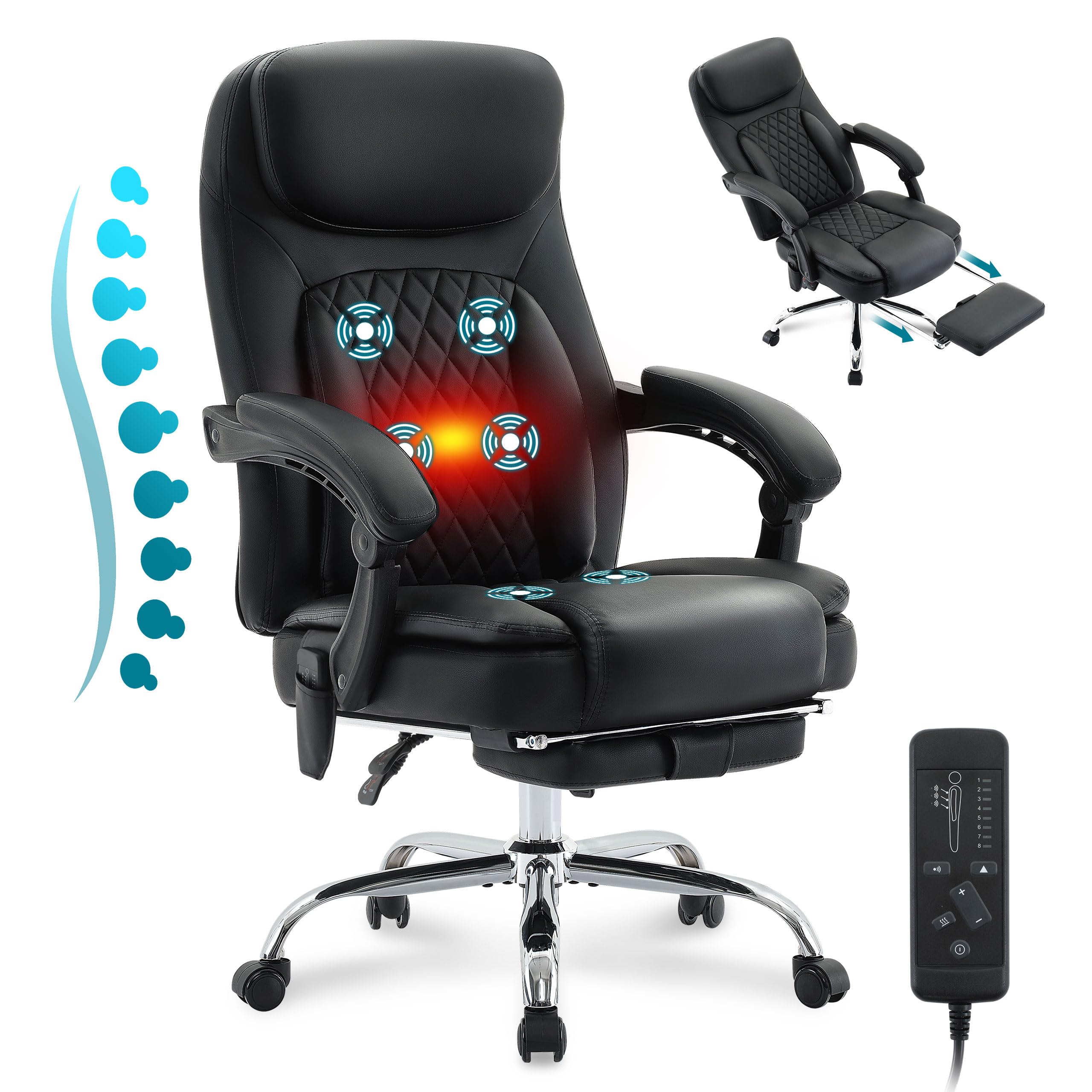 6-Point Massage Office Chair with Heated, Ergonomic Desk Chairs with Footrest & 135°Reclining High Back, Big and Tall Executive Offices Chair 500LBS, Thick Cushion Gaming Chair for Home Office, Black