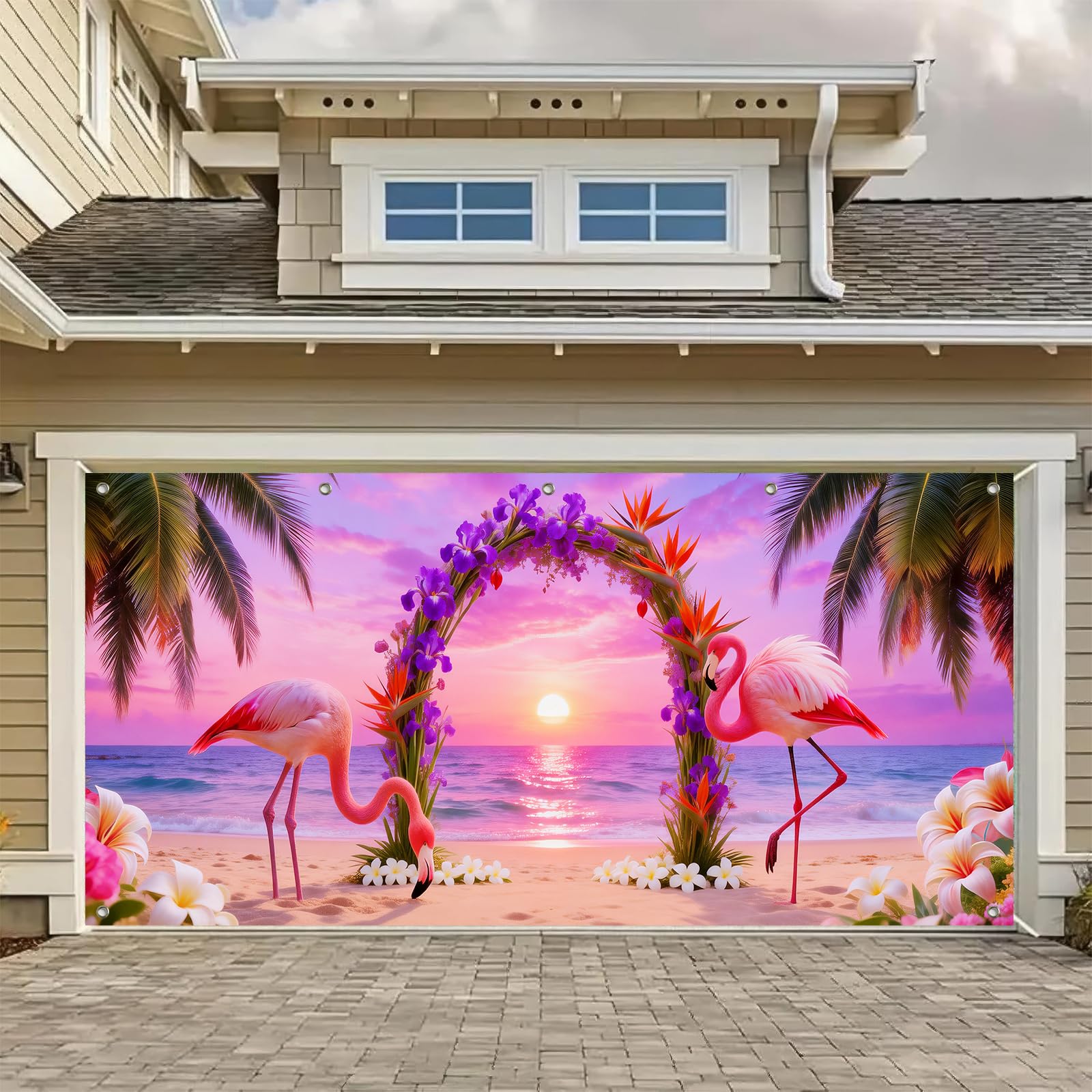 Bannière de porte de garage avec arche florale et palmiers 4,9m