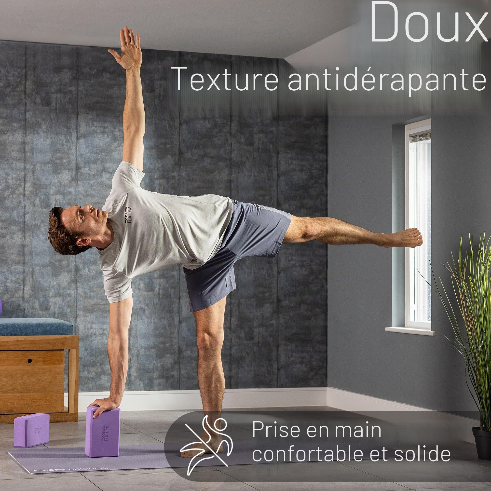 Core Balance - Lot 2 Blocs de Yoga + 1 Sangle - Brique Confort, Robuste, Légère en Mousse EVA Haute Densité pour Stretching, Fitness, Pilates - Ceinture Coton avec Boucle de Serrage D, 5 Couleurs