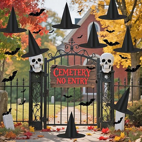 Miniatura 7 de Decoraciones de Halloween, sombreros de bruja negros, paquete de 8 sombreros de bruja colgantes y 32 piezas de murciélagos 3D, decoraciones de