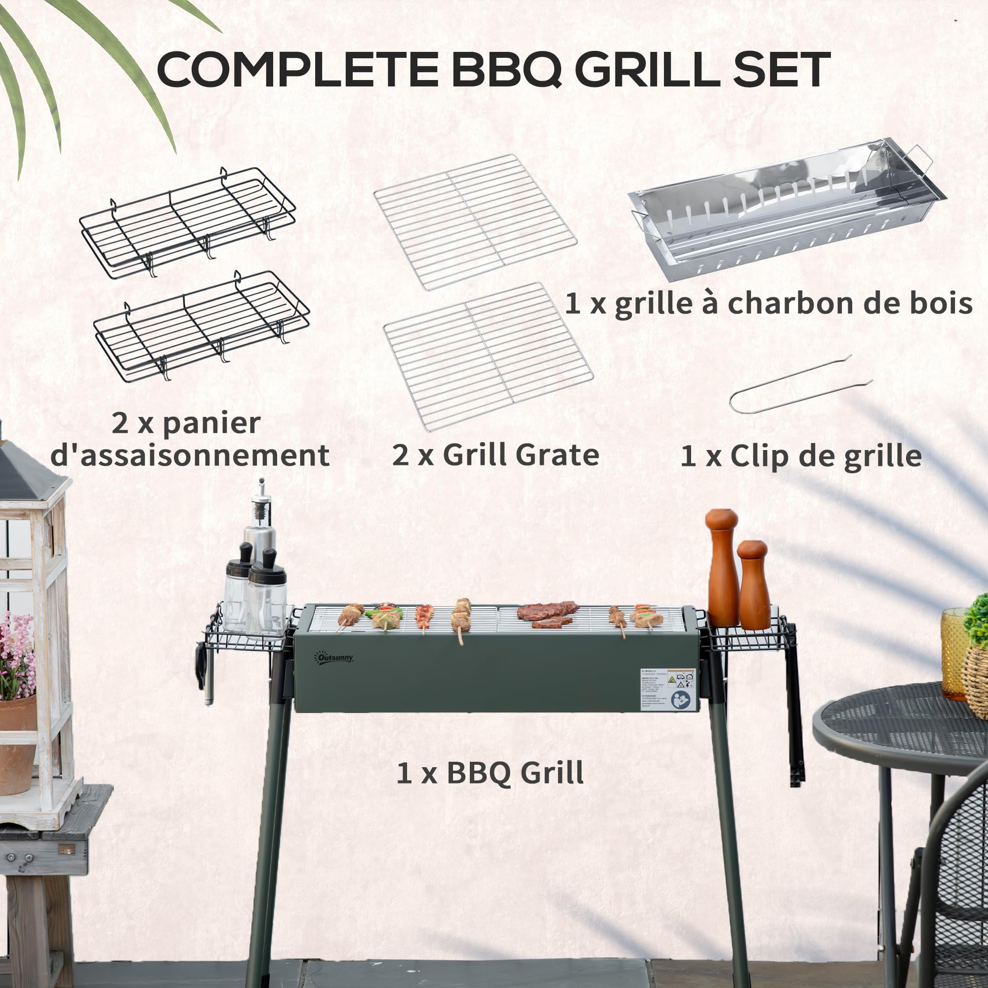 Outsunny Barbecue au charbon de bois avec 2 grilles, Portable BBQ Grill sur Pieds amovibles et 2 paniers latéraux, 94L x 39l x 70H cm, vert foncé