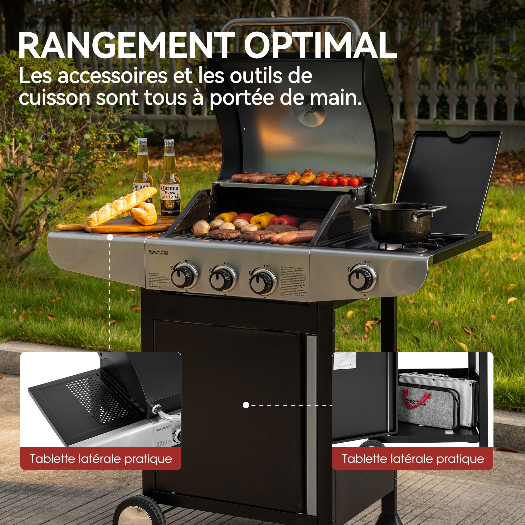 Royal Gourmet Barbecue Gaz à 3 Brûleurs avec Brûleur Latéral, Gril à Gaz sur Chariot de Puissance 11,5 KW avec 2 Grille en Fonte et 2 Tables d’Appoint, Adapté pour Jardin et Extérieure, Argent