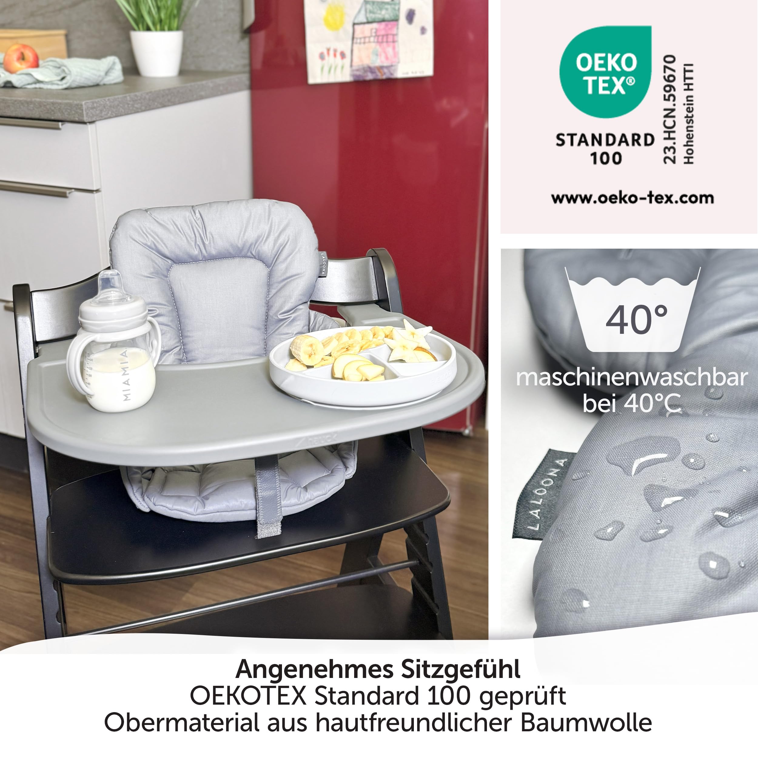 LaLoona Sitzverkleinerer für Hochstuhl Hauck Alpha/Beta - Baby Sitzpolster beschichtet & abwaschbar, OEKO-TEX Standard 100 geprüft, maschinenwaschbar - Grau