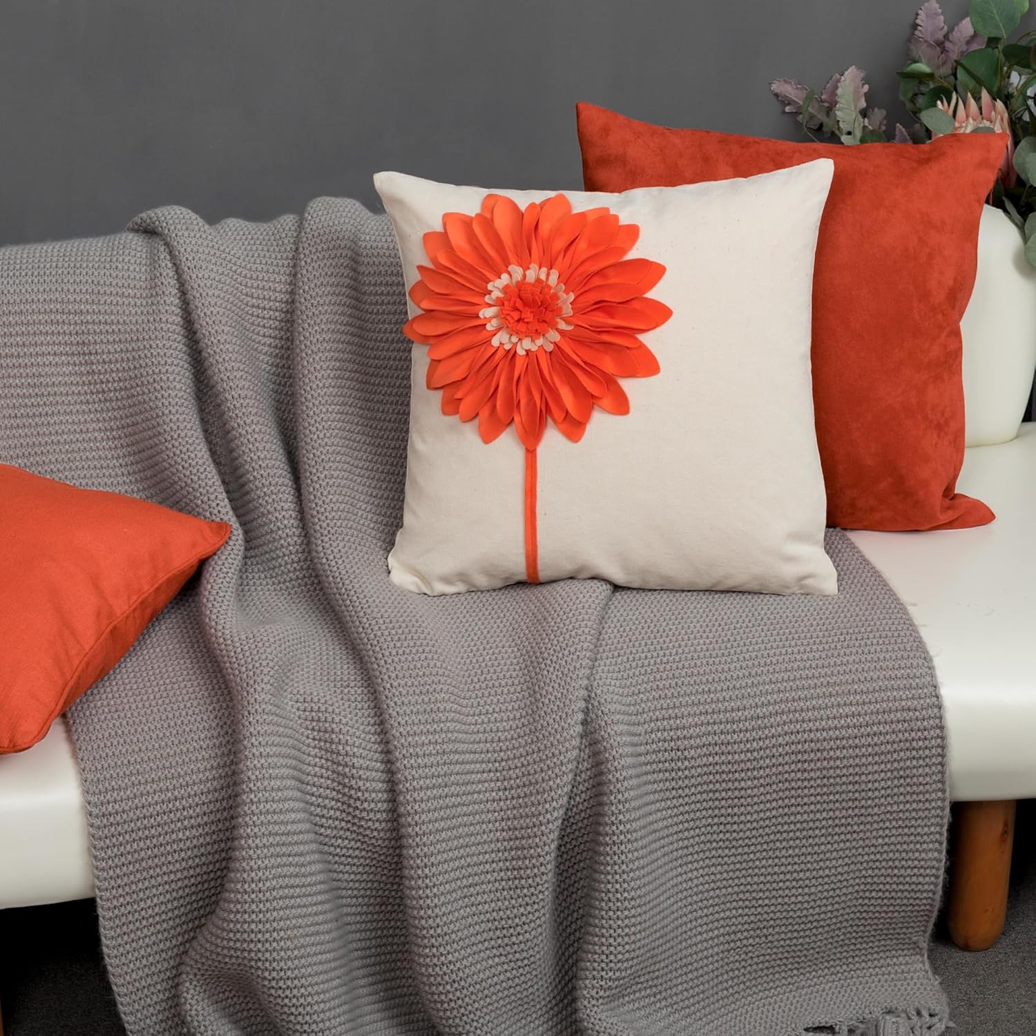 JWH Decorative 3D Flower Throw Pillow Cover Sunflower Cushion Case Floral Pillowcase for Bed Living Room Couch Chair 18x18 Inches Creamy White Orange Velvet