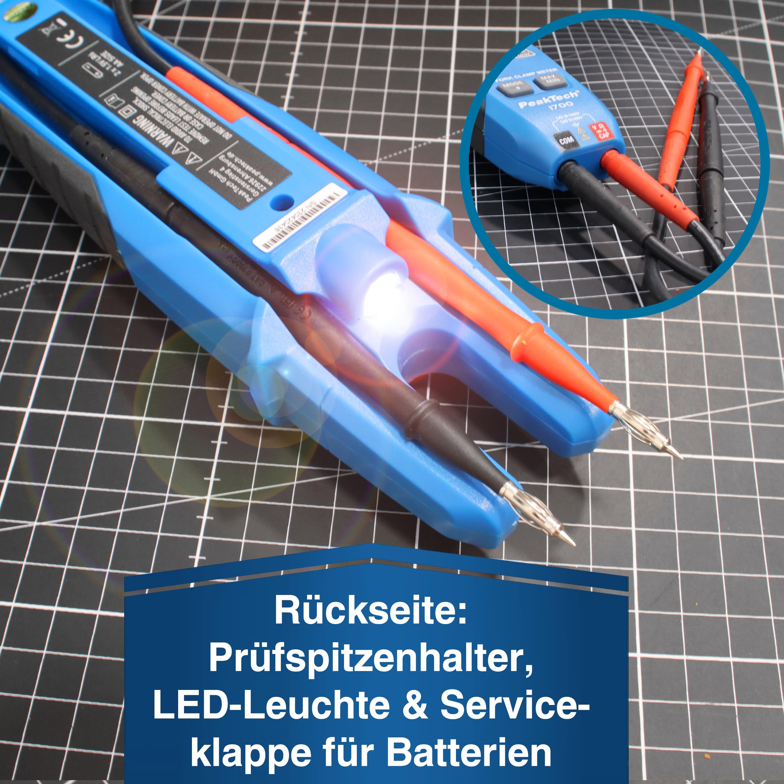 PeakTech P1700, Pinza amperometrica a vero valore efficace 200 A CA, Amperometro a pinza con display LCD, Pinza amperometrica aperta con rilevatore di tensione, voltmetro senza contatto
