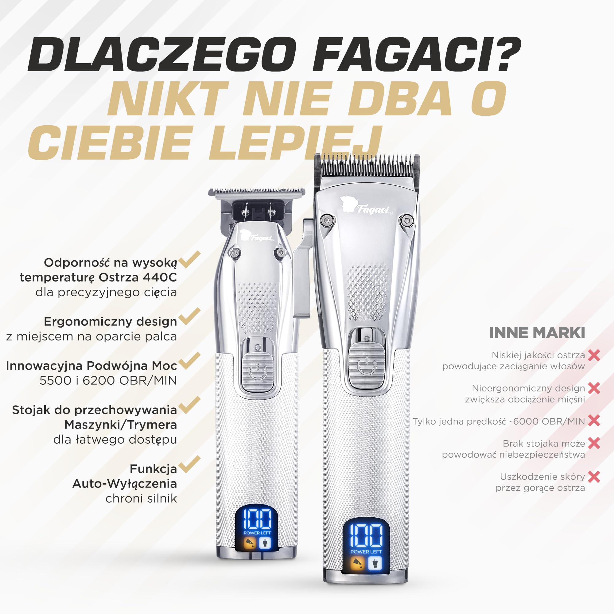 Fagaci Zestaw Maszynka i Trymer, Silniki Turbo, Bateria 5H i 3H, Stojak | Bateria starcza na 5 i 3 godziny pracy, Rekomendowane przez barberów, Ostrza z wysokowęglowej stali, Ciche silniki turbo