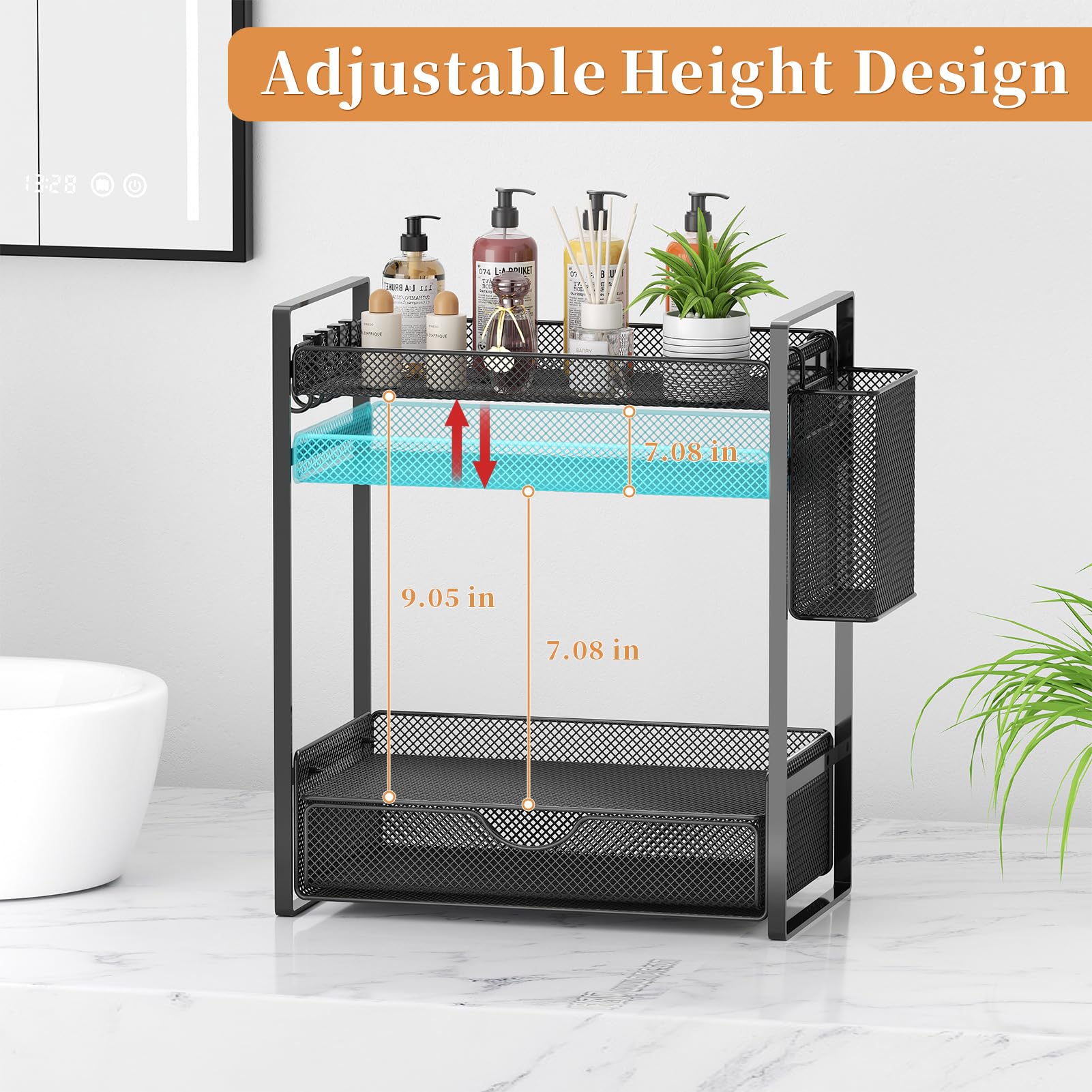VITVITI 2 Tier Bathroom Organizer Countertop with Drawer, Metal Mesh Bathroom Counter Vanity Organizer Storage, Bath Room Shelf Sink Kitchen Spice Rack with Basket Hooks, Black