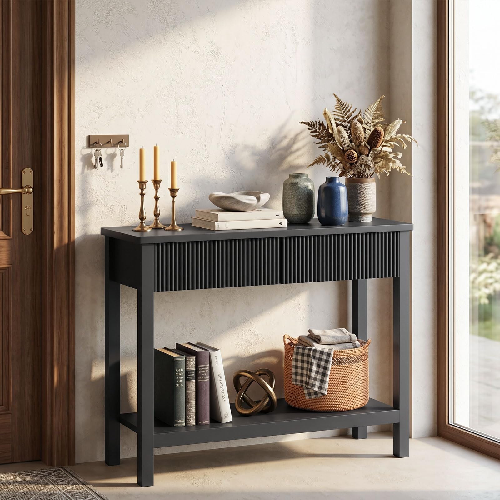 HOOBRO Table d’Entrée de 100 cm, Console Meuble Étroite avec Tiroir à Motifs Ondulés, Table de Canapé à 2 Niveaux, Présentoir, Derrière Le Canapé, pour Entrée, Hall, Salon, Noir EBK89XG01N1