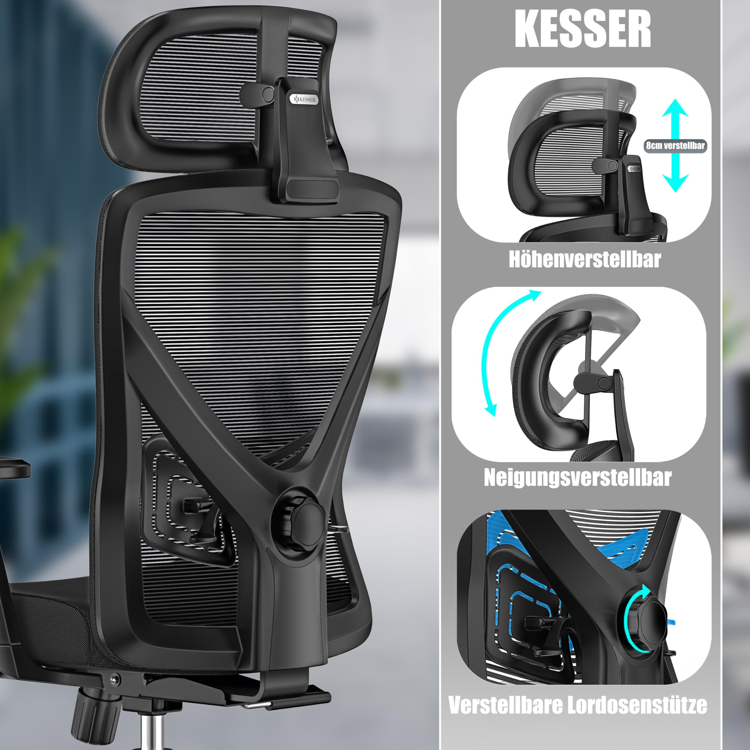 KESSER® Bürostuhl Ergonomisch mit verstellbaren Armlehnen | Drehstuhl mit Lendenwirbelstütze Rückenschonend | Schreibtischstuhl mit Kopfstütze | Office Chair Wippfunktion bis 125° mit 5X Gummirollen
