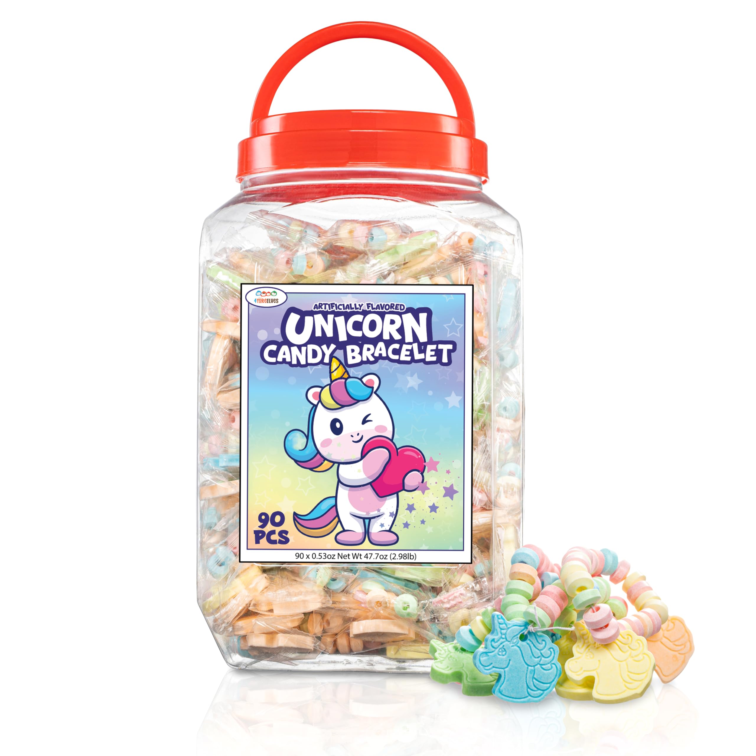 90 Unicorn Candy Bracelets, Individually Wrapped Jewelry for your Unicorn Themed Party, Bulk Candy Perfect for Goody Bags, Party Favors and Birthdays, by 4YoreElves, Pack of 90 x 0.53oz