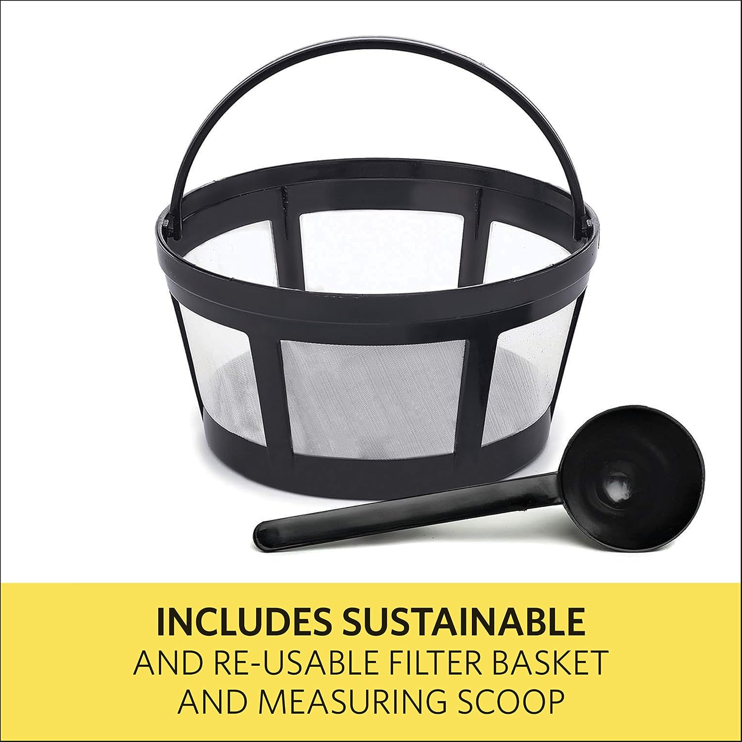 Reusable filter basket and measuring scoop