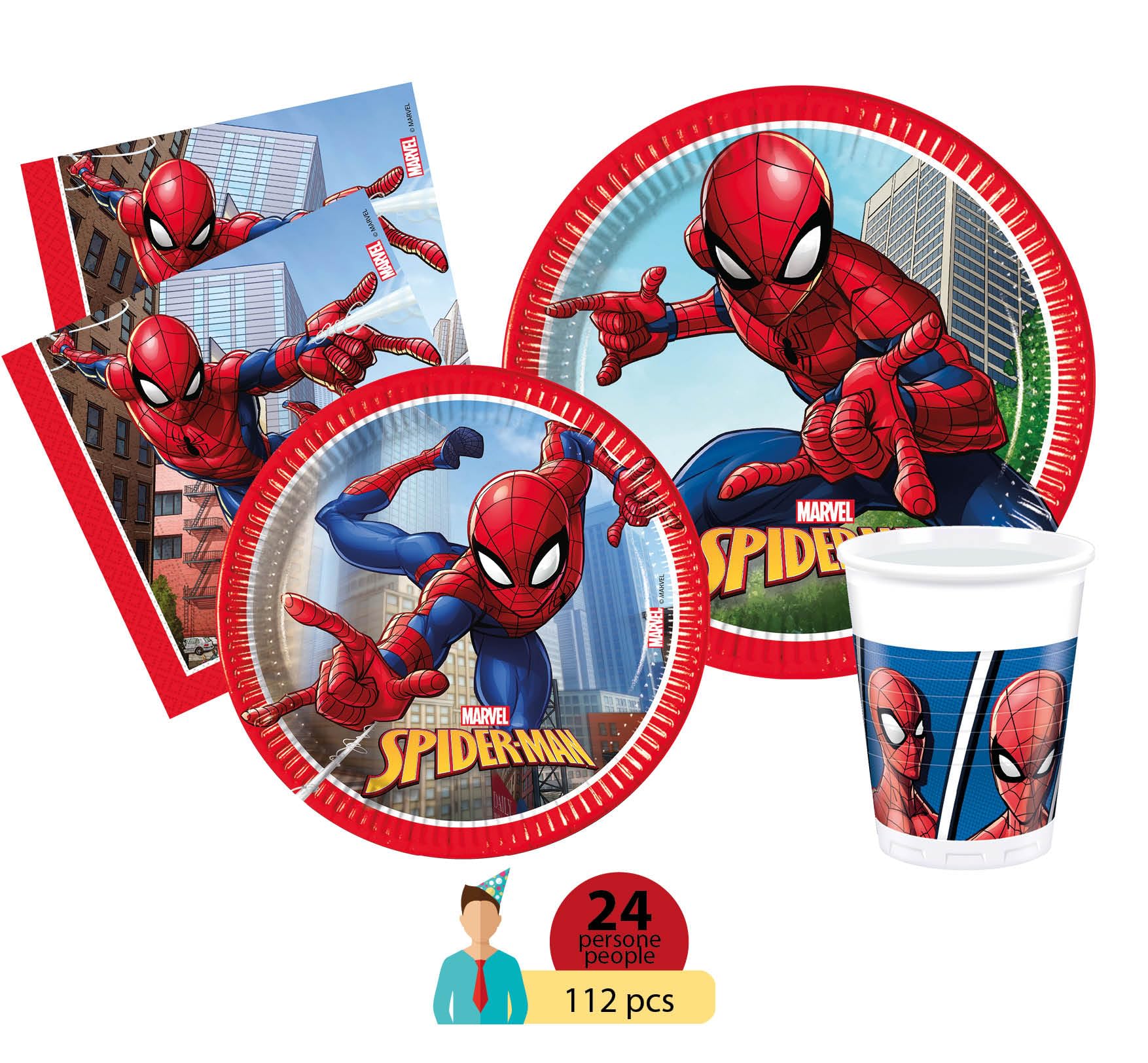Party Tableware Set Marvel Spider-Man Crime Fighter for 8 people (44 pcs: 8 paper plates Ø23cm, 8 paper plates Ø20cm, 8 cups 200ml, 20 paper napkins 33x33cm)